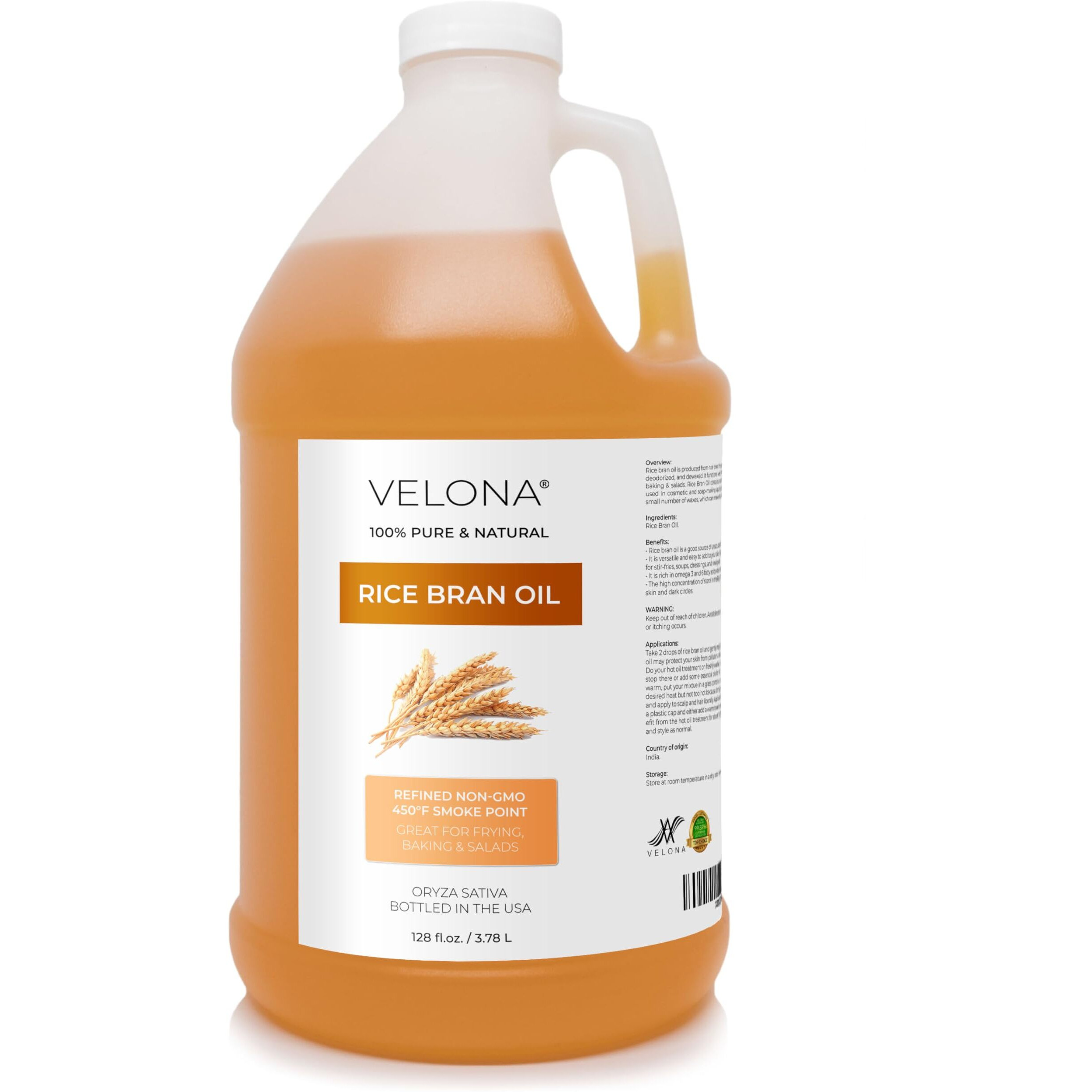 Velona Rice Bran Oil 1 Gallon / 128 Fl Oz | 100% Pure And Natural Carrier Oil | Refined, Cold Pressed | Cooking, Face, Hair, Body & Skin Care | Use Today - Enjoy Results