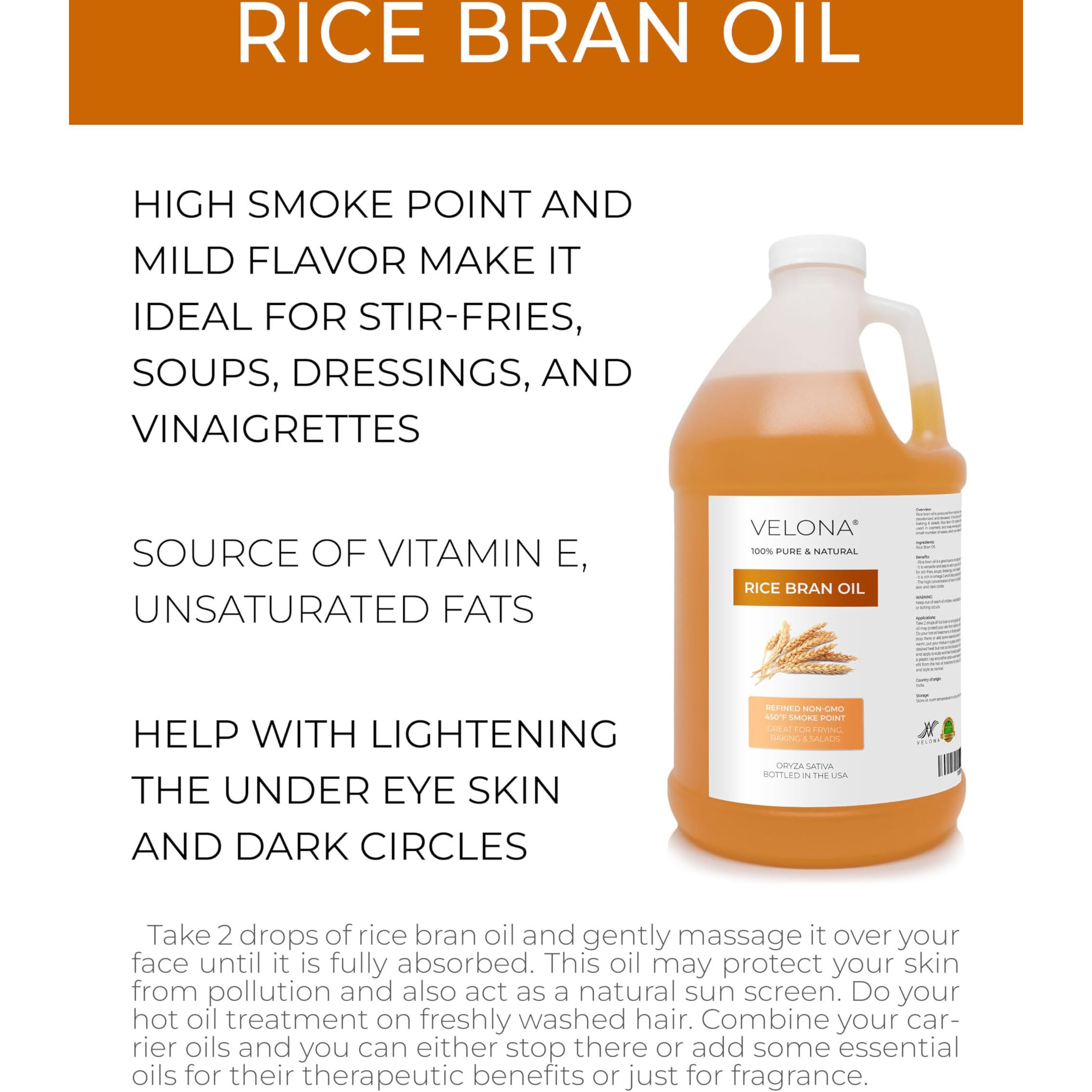 Velona Rice Bran Oil 1 Gallon / 128 Fl Oz | 100% Pure And Natural Carrier Oil | Refined, Cold Pressed | Cooking, Face, Hair, Body & Skin Care | Use Today - Enjoy Results