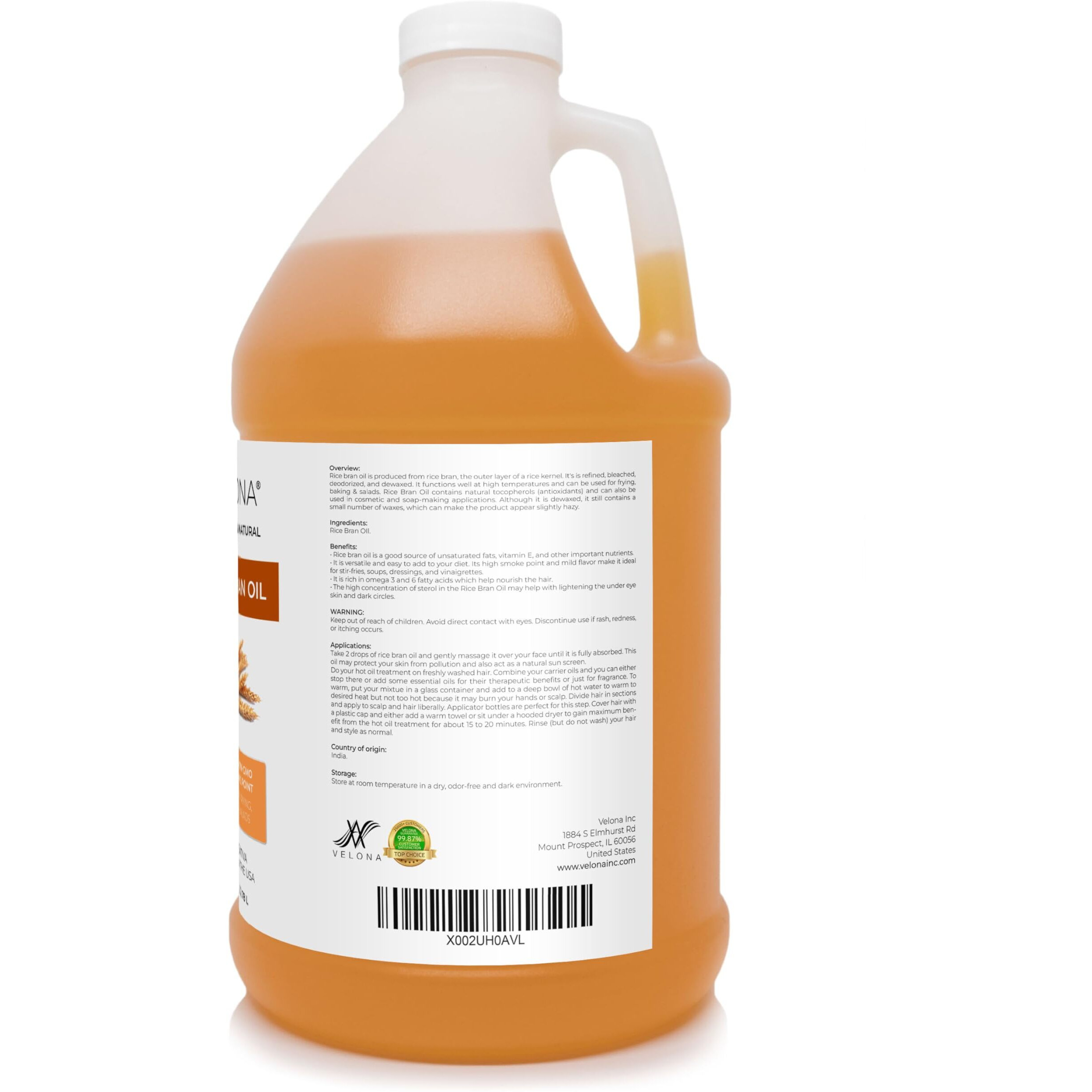 Velona Rice Bran Oil 1 Gallon / 128 Fl Oz | 100% Pure And Natural Carrier Oil | Refined, Cold Pressed | Cooking, Face, Hair, Body & Skin Care | Use Today - Enjoy Results