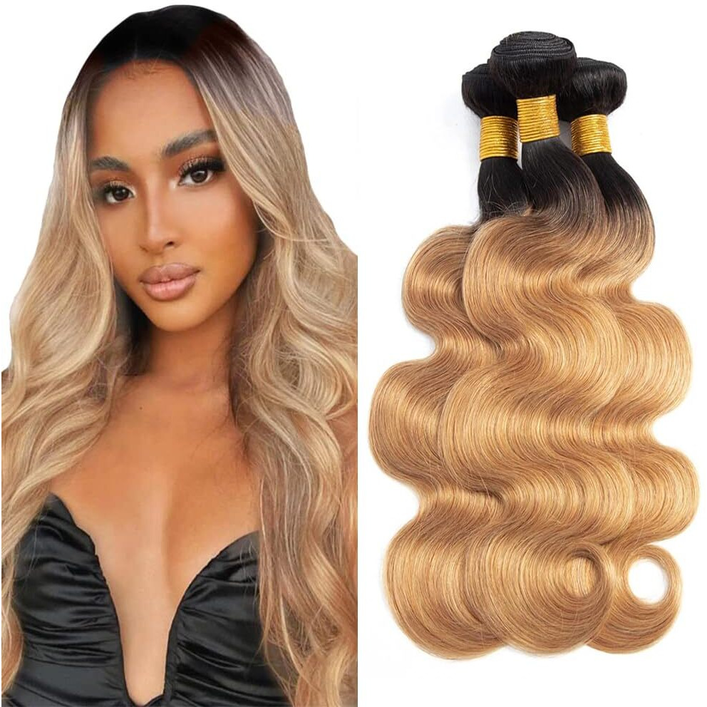 Ombre Human Hair Bundles 1B27 Honey Blonde Bunldes Body Wave Bundles Human Hair 10 12 14 Inch Wet And Wavy Bundles Real Unprocessed Virgin Weave Hair For Black Women