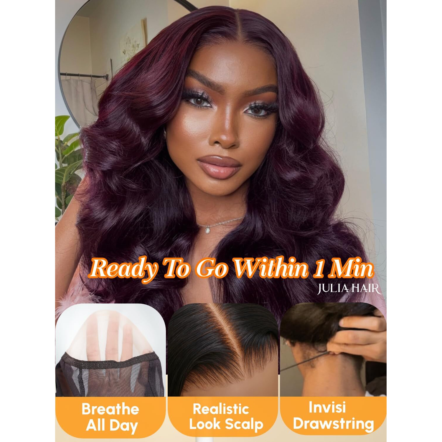 Julia Hair Black Cherry Loose Wave Wig 13X4 Hd Lace Frontal Pre-Everything Drawstring Wigs Put On And Go Glueless Body Wave With Face Framing Bangs Pre Plucked Pre Cut Bleached Knots For Women 20 Inch