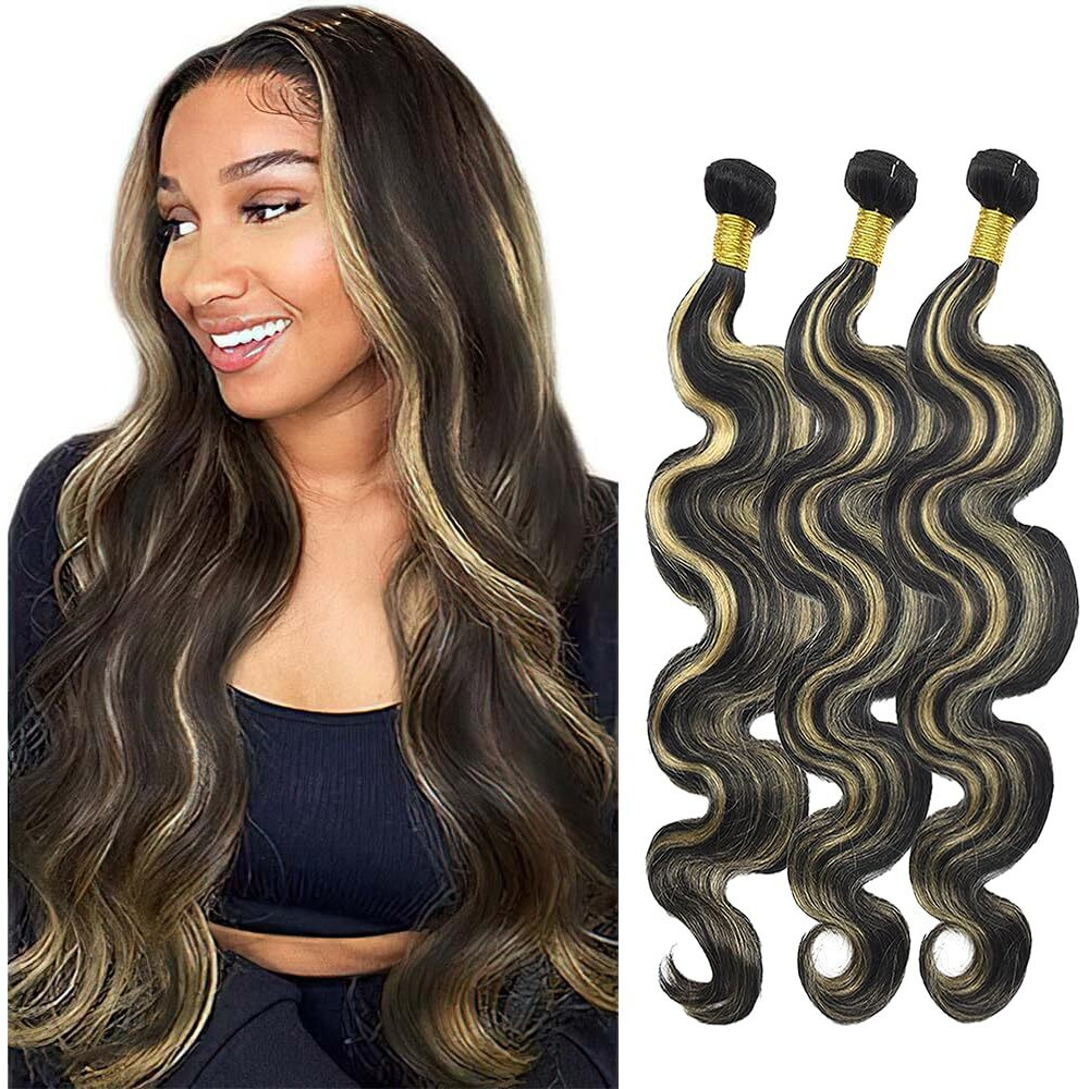 Niciitysi P1B27 Human Hair Highlight Body Wave Bundles 22 24 26 Inch Ombre Two Tone Black And Blonde Bundles Double Weft Brazilian Virgin Hair Extensions For Women