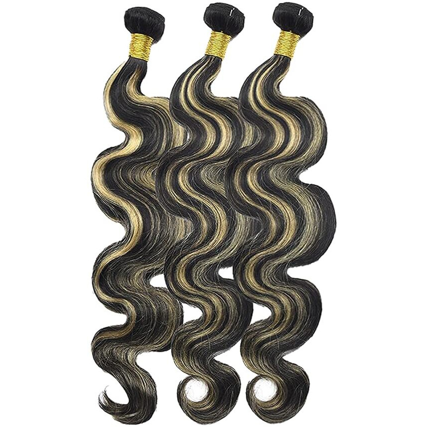 Niciitysi P1B27 Human Hair Highlight Body Wave Bundles 22 24 26 Inch Ombre Two Tone Black And Blonde Bundles Double Weft Brazilian Virgin Hair Extensions For Women
