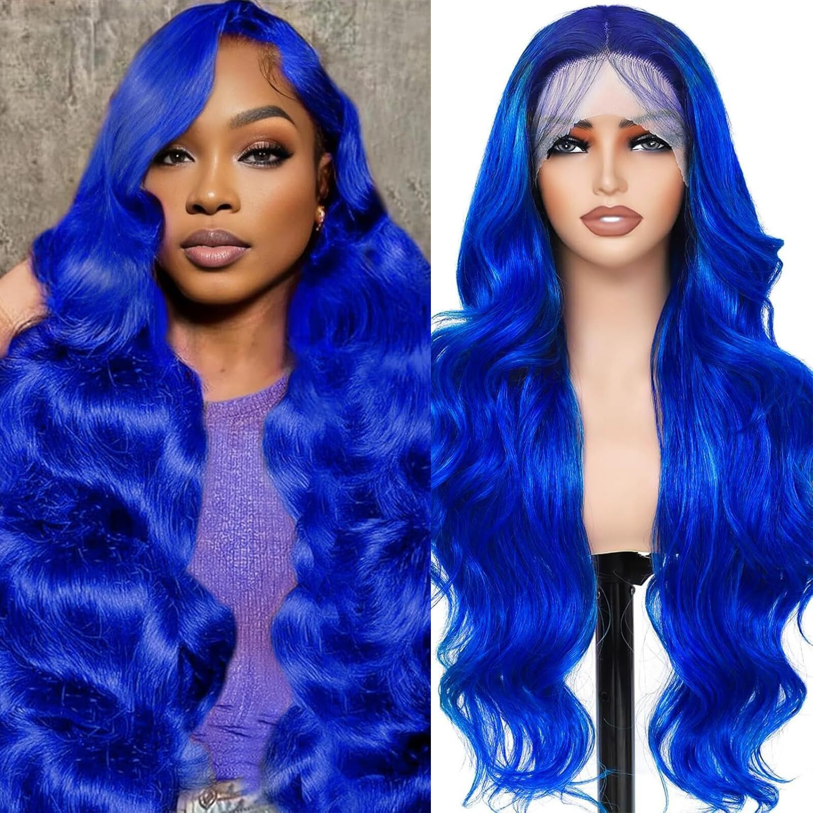 Aay 32 Inch Blue Lace Front Wig Human Hair 200 Density Blue Wig Human Hair Body Wave 13X4 Lace Front Wigs Pre Plucked Blue Hd Lace Frontal Wig For Women Glueless