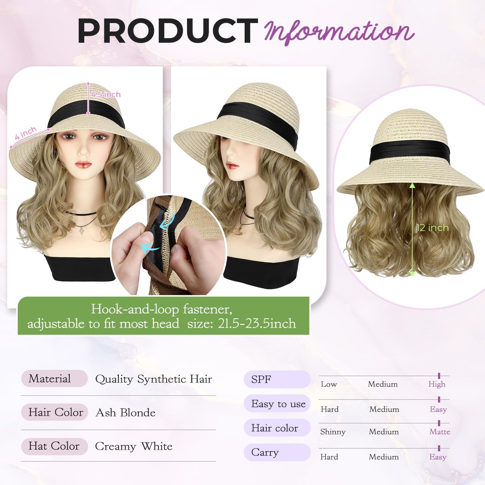 Cephermer Sun Hat, Straw Hat Wig Detachable Adjustable Cap With 12 Inch Synthetic Wavy Hair Extensions Foldable For Women Summer Beach Outdoors Ash Blonde