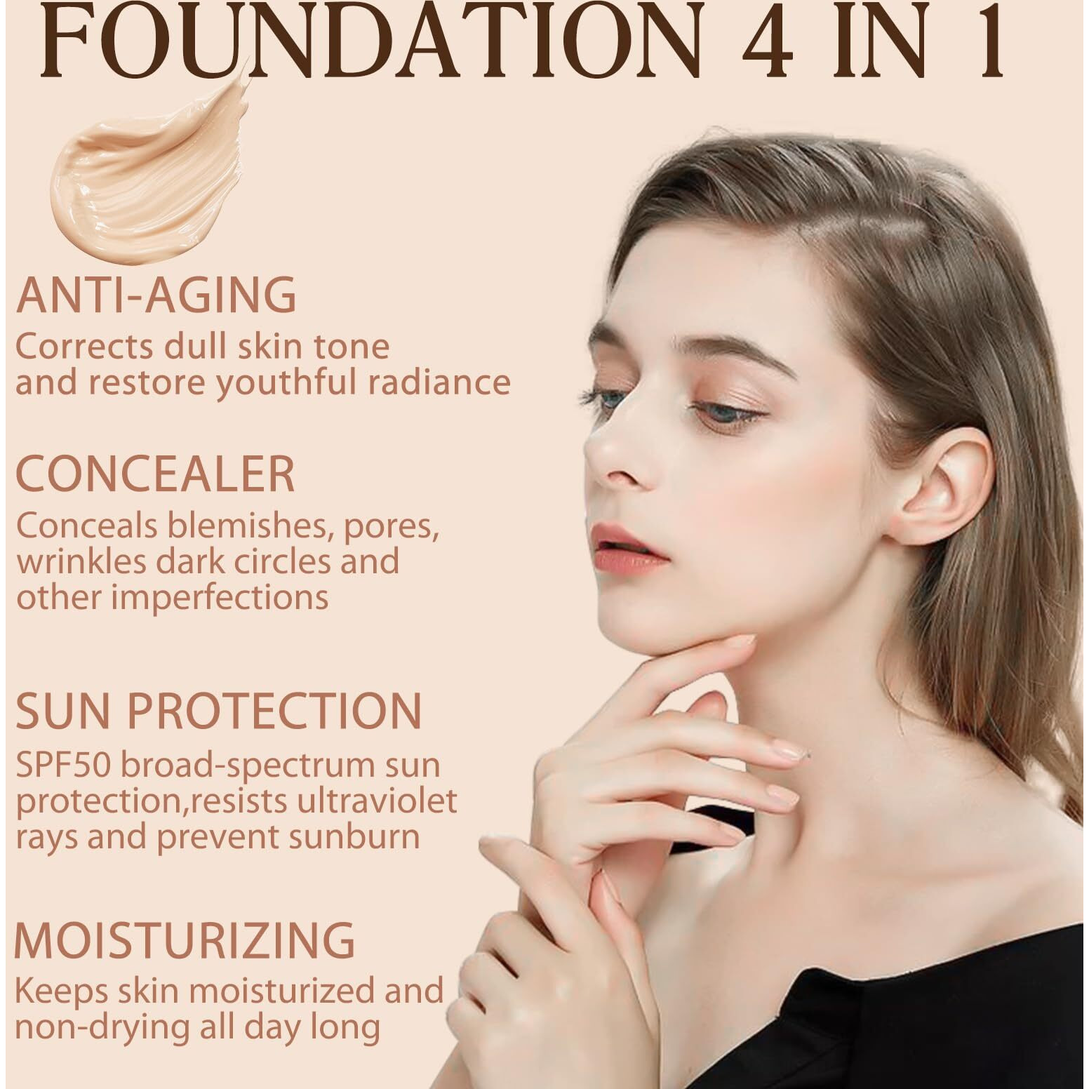 2 Pack Foundation 4 In 1, Medium Color Changing Foundation, Liquid Foundations Protect From Sun With Spf50 For Gym, Sports, Dancing, 1.05 Fl.Oz