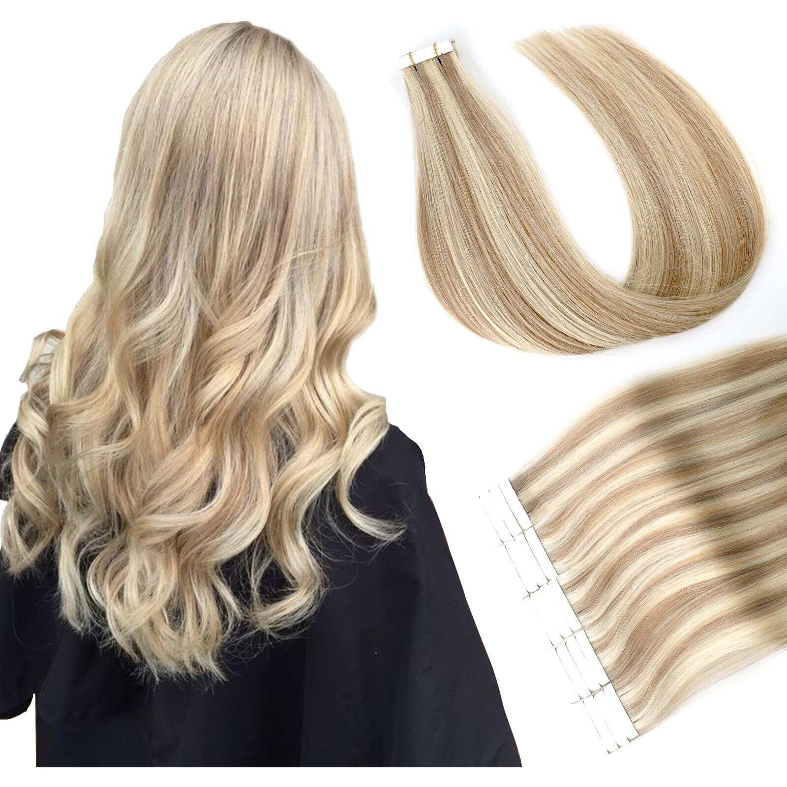 Abh Amazingbeauty Hair Sun Kissed Highlight Hair Remy Tape In Hair Extensions Skin Weft, Invisible, Ash Brown With Platinum Blonde Highlights P8-60, 50G 20Pcs 14 Inches