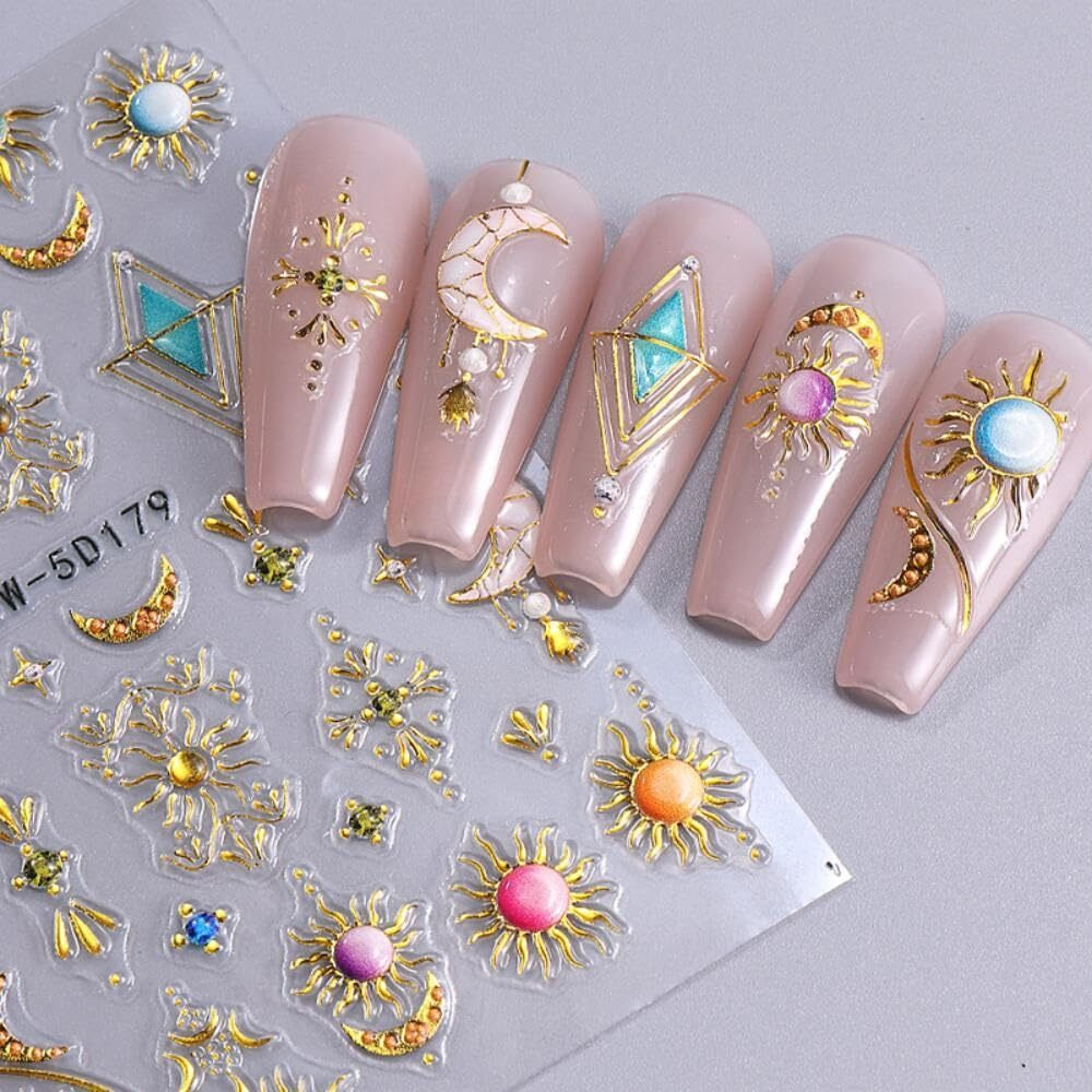 Gold Nail Art Stickers Sun Moon Nail Decals For Nails Art Flower With Design Nails Stickers 5D Embossed Self Adhesive For Women Girls Kid Manicure Diy Charms Decoration 2 Sheets