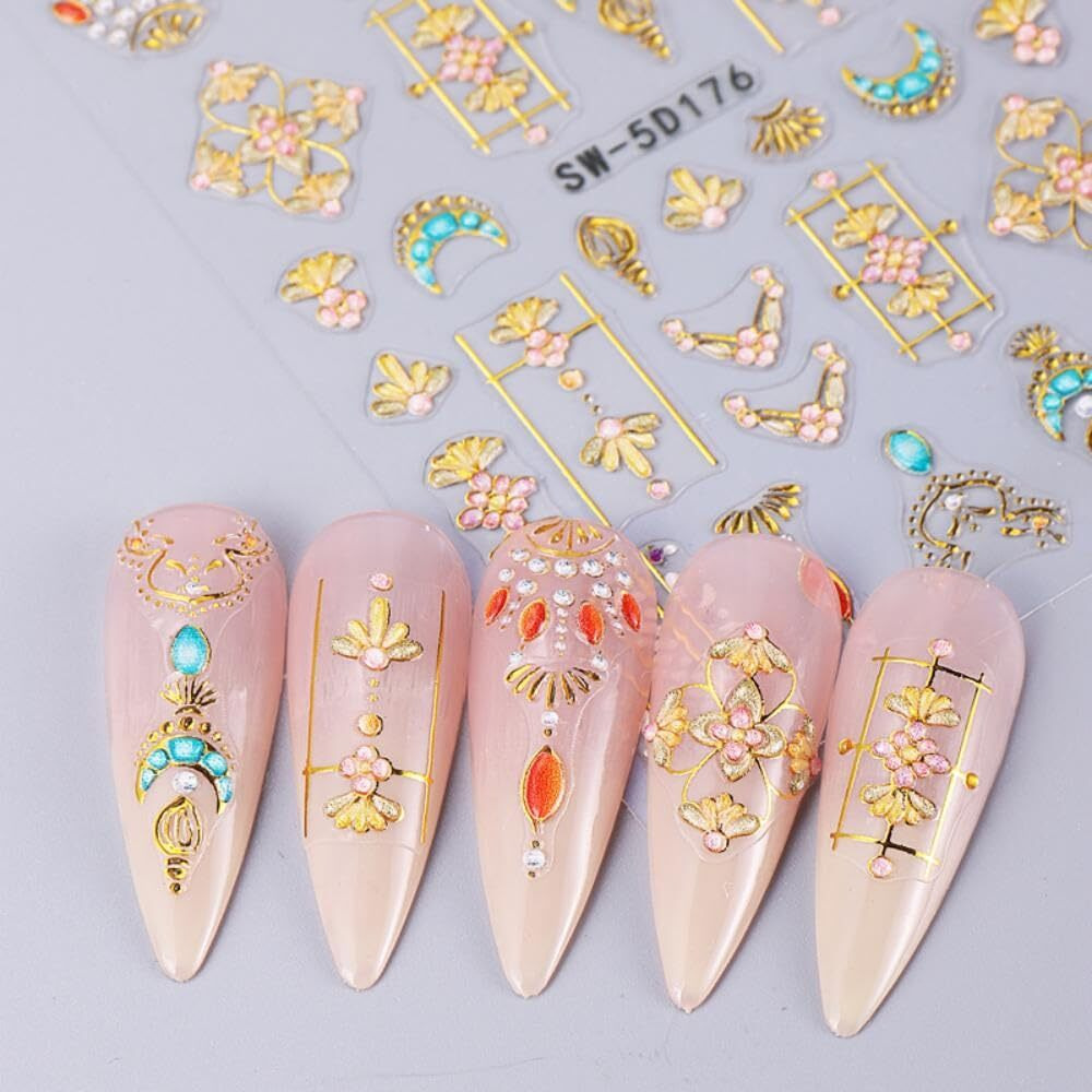Gold Nail Art Stickers Sun Moon Nail Decals For Nails Art Flower With Design Nails Stickers 5D Embossed Self Adhesive For Women Girls Kid Manicure Diy Charms Decoration 2 Sheets