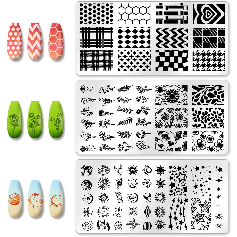 Beinkmake 3Pcs Mix Design Nail Stamping Plate Flower Star Nail Stamping Templates French Line Tip Art Stamp Plates Sun Moon Stainless Steel Diy Reusable Tools For Manicure Printing