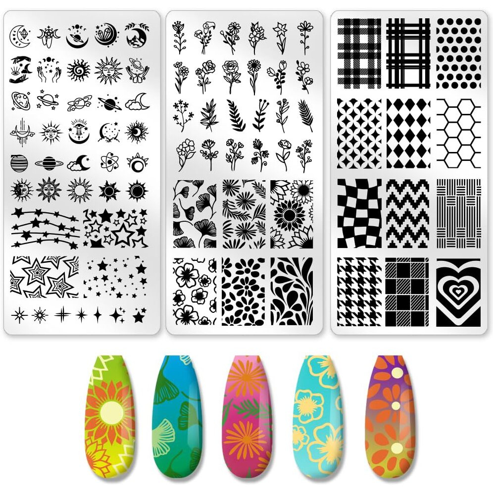 Beinkmake 3Pcs Mix Design Nail Stamping Plate Flower Star Nail Stamping Templates French Line Tip Art Stamp Plates Sun Moon Stainless Steel Diy Reusable Tools For Manicure Printing