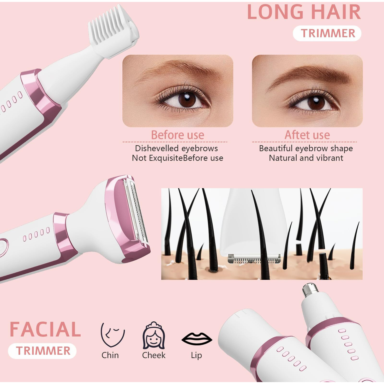 Electric Razor Shavers For Women 5 In 1 Electric Shaver For Women,Cordless Replaceable Facial Eyebrow Razors & Nose Hair Trimmer, Wet Dry Bikini Trimmer Pubic Hair Removal Gifts For Womens 3028A White