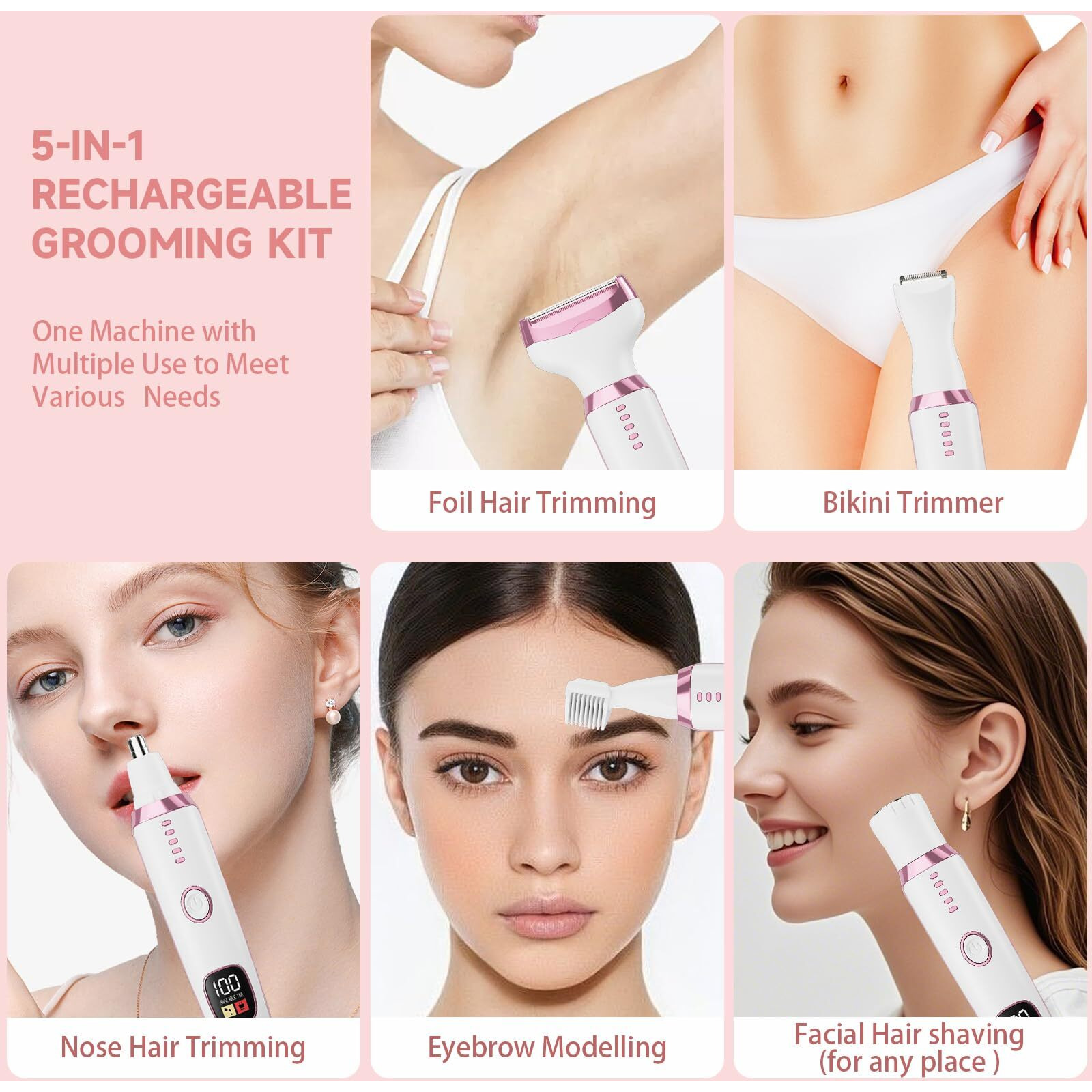 Electric Razor Shavers For Women 5 In 1 Electric Shaver For Women,Cordless Replaceable Facial Eyebrow Razors & Nose Hair Trimmer, Wet Dry Bikini Trimmer Pubic Hair Removal Gifts For Womens 3028A White