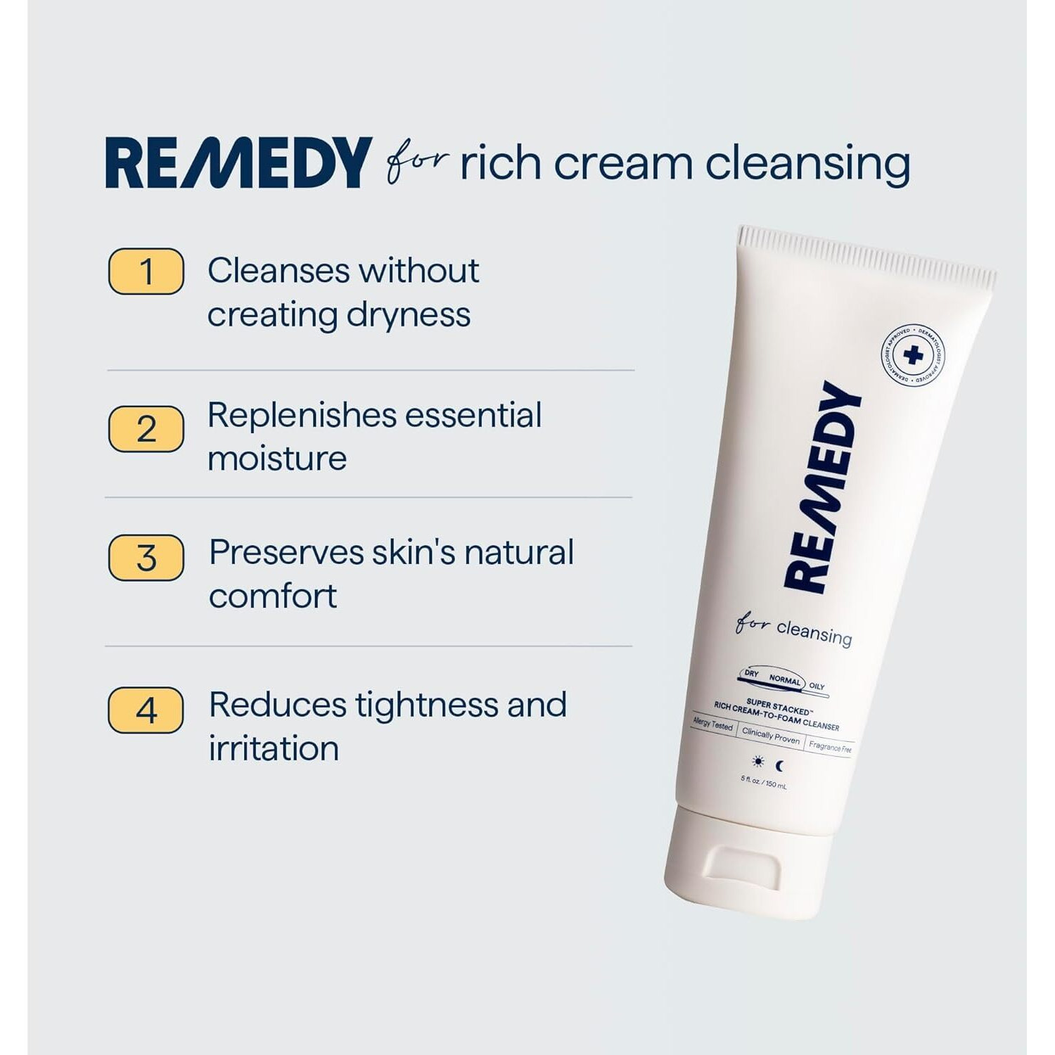 Remedy For Rich Cream Cleansing - Cream-To-Foam Cleanser For Dry To Normal Skin - Gentle Super Stacked Hydrating Face Wash By Dermatologist Dr. Shah, 5 Fl. Oz