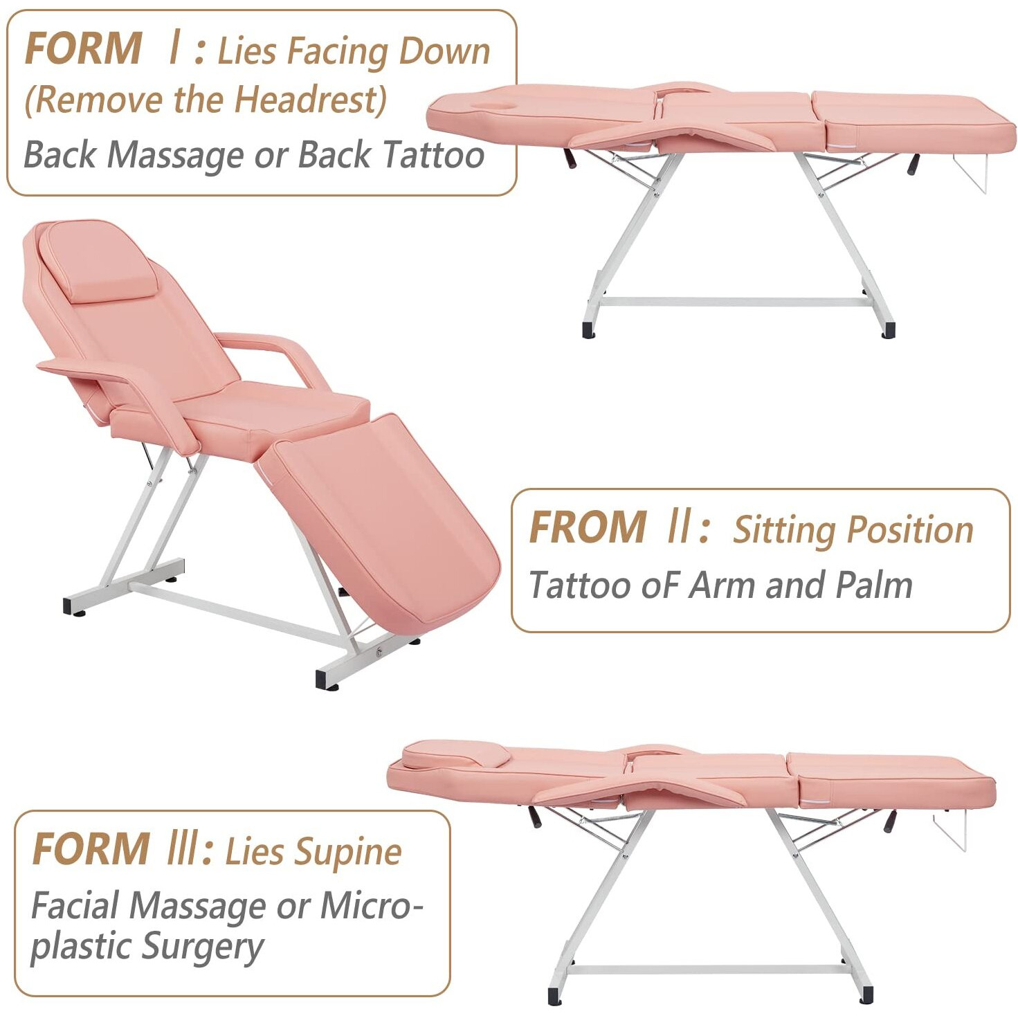 Omysalon Massage Salon Tattoo Chair Esthetician Bed With Upgraded Hydraulic Stool,Multi-Purpose 3-Section Facial Bed Table, Adjustable Beauty Barber Spa Beauty Equipment, Pink