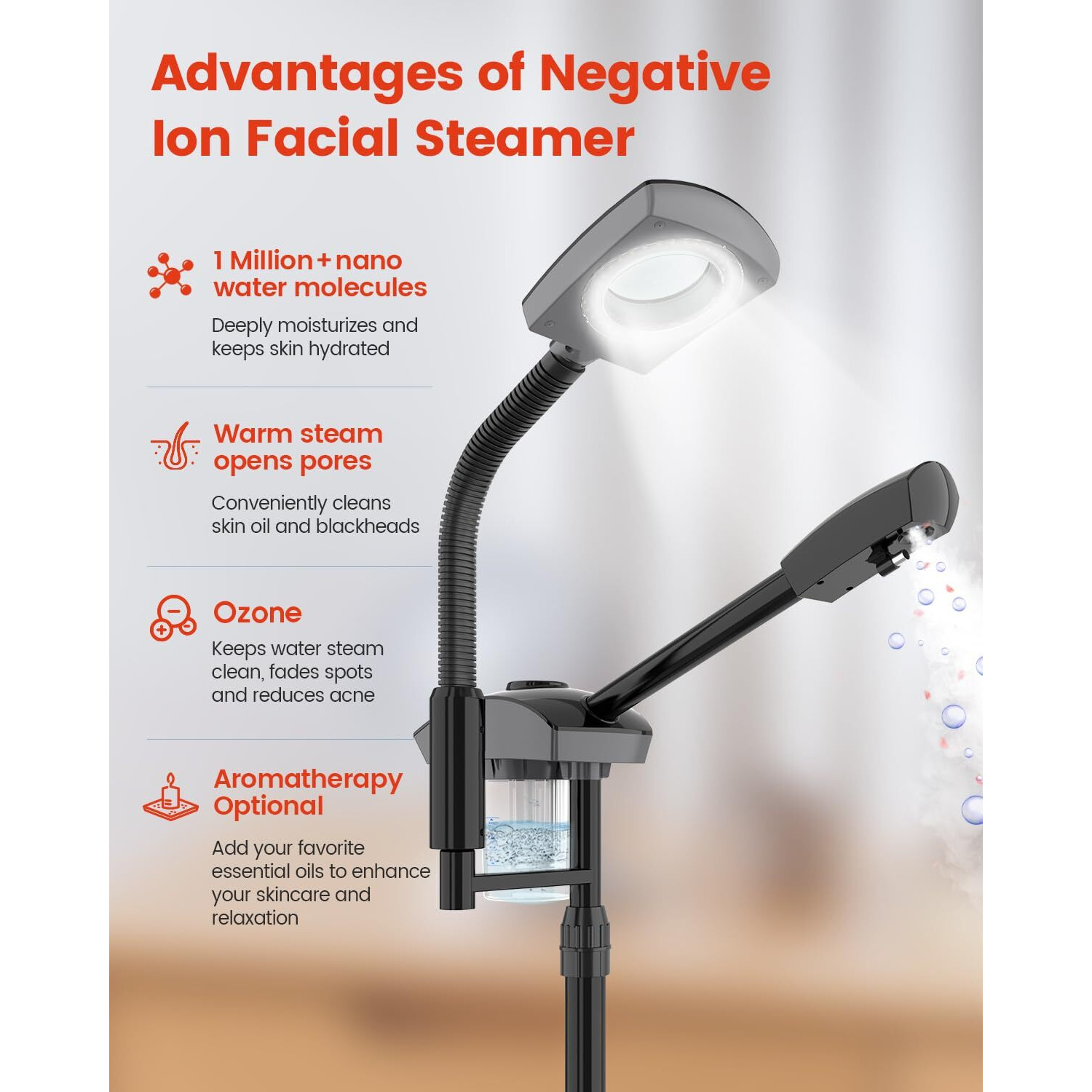 Kingsteam 2-In-1 Salon Grade Professional Facial Steamer With 5X Magnifying Lamp,Esthetician Steamer For Women,Hot Mist Face Steame 2 Adjustable Steam Levels, 60 Min Timer & 3-Level Led Light (Black)