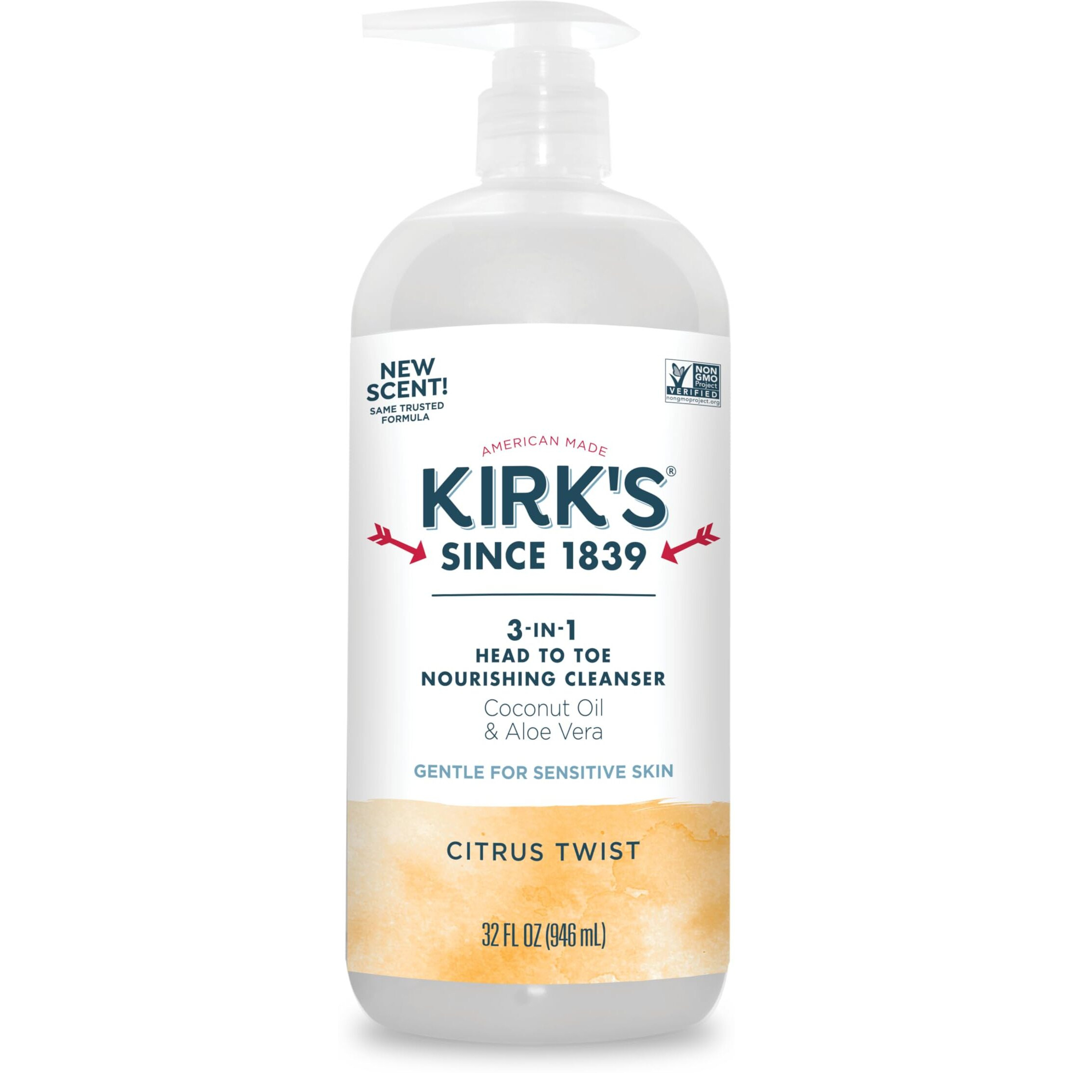 Kirk's 3-In-1 Head To Toe Nourishing Liquid Cleanser- For Men, Women & Children - Premium Coconut Oil & Aloe Vera- Non Gmo & Vegan - Citrus Twist - 32 Fl Oz.