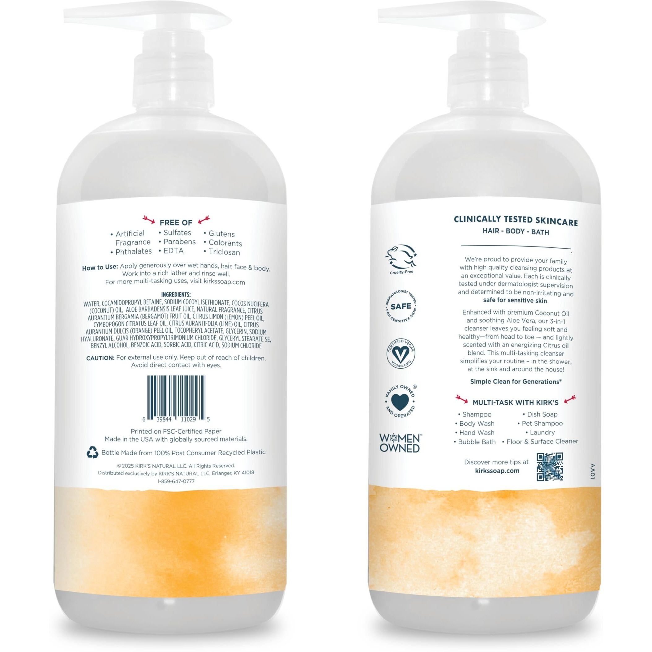 Kirk's 3-In-1 Head To Toe Nourishing Liquid Cleanser- For Men, Women & Children - Premium Coconut Oil & Aloe Vera- Non Gmo & Vegan - Citrus Twist - 32 Fl Oz.