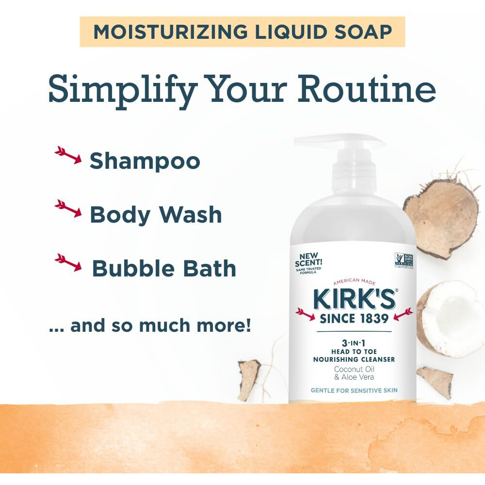 Kirk's 3-In-1 Head To Toe Nourishing Liquid Cleanser- For Men, Women & Children - Premium Coconut Oil & Aloe Vera- Non Gmo & Vegan - Citrus Twist - 32 Fl Oz.