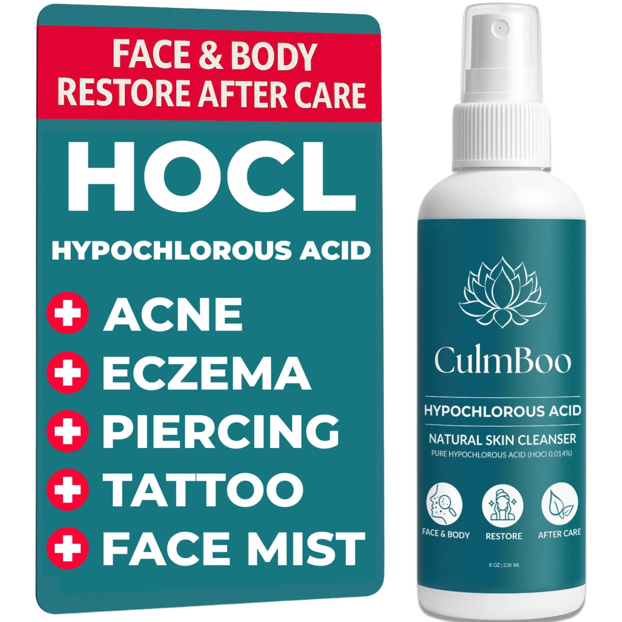Culmboo, Hypochlorous Acid Spray For Face & Skin - Acne Prone Skin, Eczema, Natural Tattoo Aftercare, Piercing Aftercare Spray, Eye Lash Cleanser, Face Mist Toner, Wound Care Cleanser, 8 Fl Oz 1 Pack