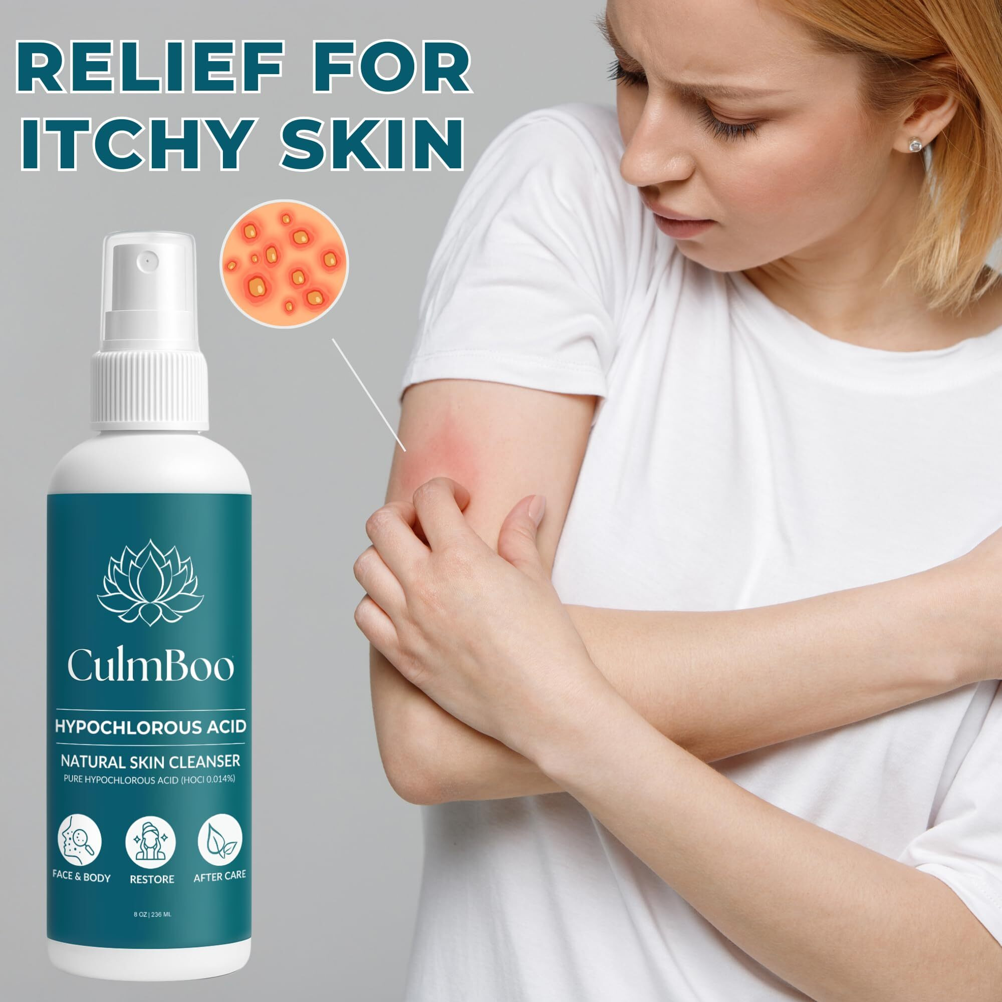 Culmboo, Hypochlorous Acid Spray For Face & Skin - Acne Prone Skin, Eczema, Natural Tattoo Aftercare, Piercing Aftercare Spray, Eye Lash Cleanser, Face Mist Toner, Wound Care Cleanser, 8 Fl Oz 1 Pack