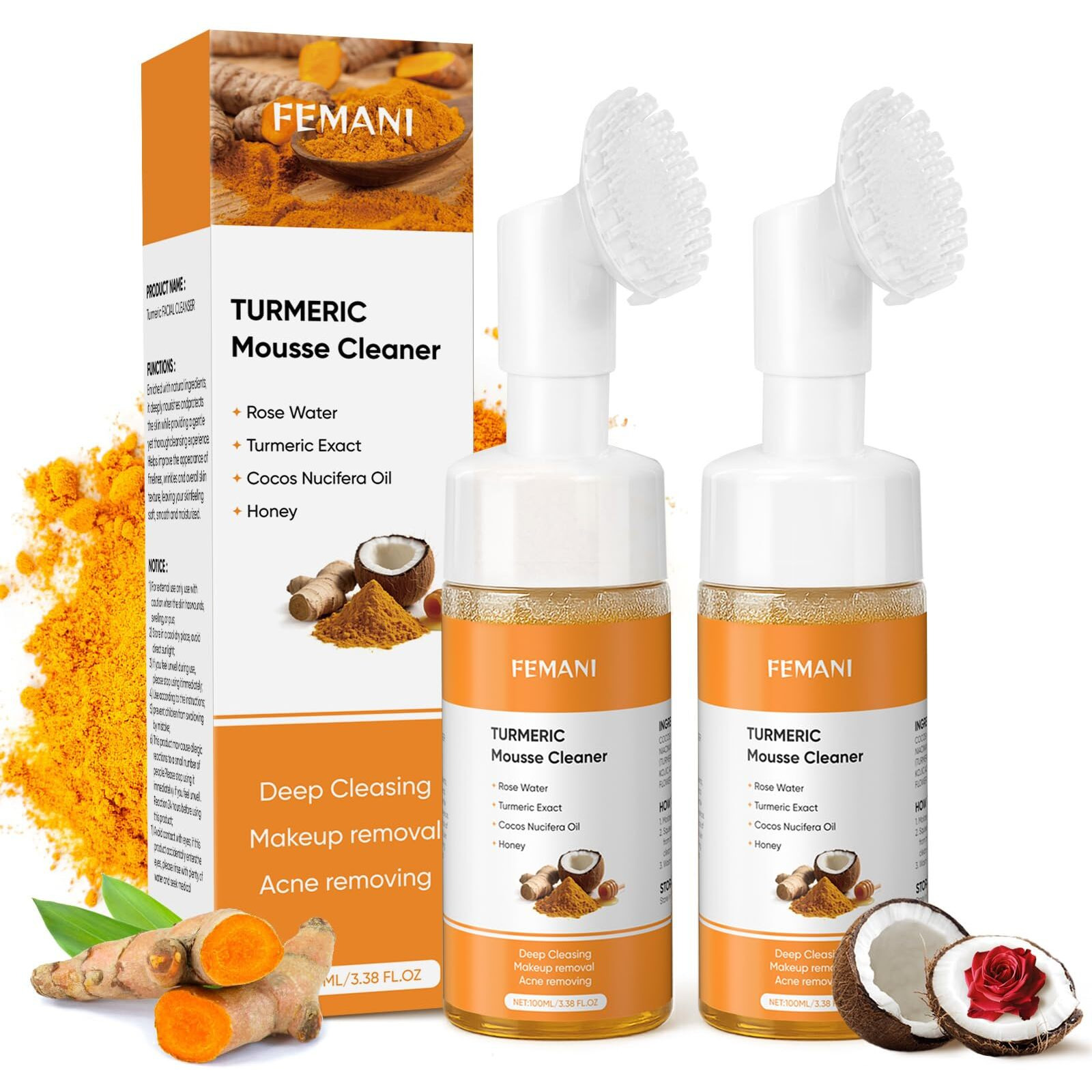 2Pcs Turmeric Face Wash With Brush, Turmeric Foaming Facial Cleanser, Fit For All Skin Care With Coconut Oil, 3.38 Fl.Oz/Pc