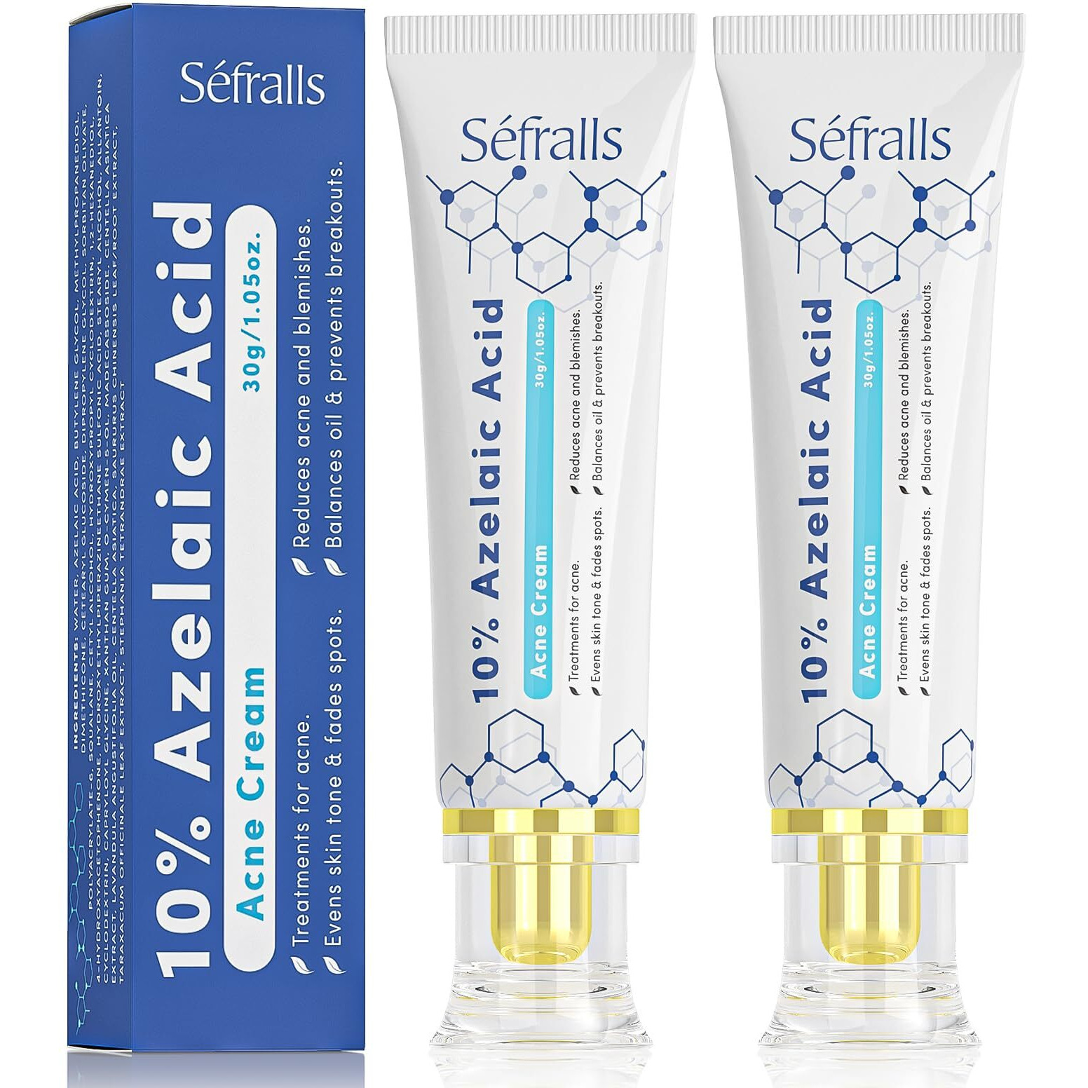 2-Pack 10% Azelaic Acid Acne Cream, Premium Azelaic Acid Facial Cream - Redness Relief For Face, Redness Reducing Skin Care, Prevents Acne Breakouts, Ease Pimple Clarify Skin Soothe Irritation,1 Oz