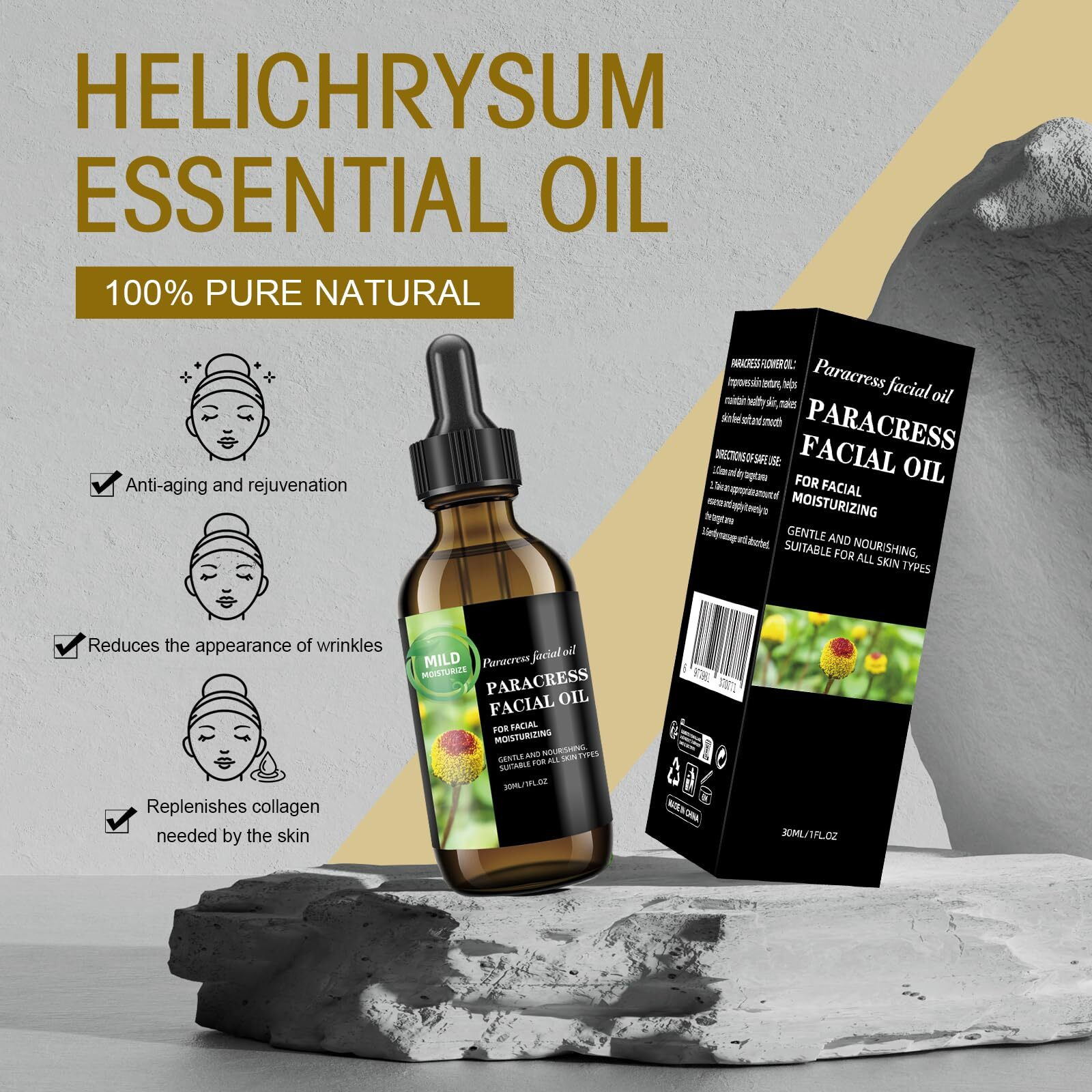 Paracress Facial Oil With Helichrysum Essential Oil - 100% Natural Anti-Aging Formula For Wrinkle Reduction, Firming & Hydration - Moisturizing Face Oil For Radiant, Youthful Skin - 30Ml 1 Fl. Oz