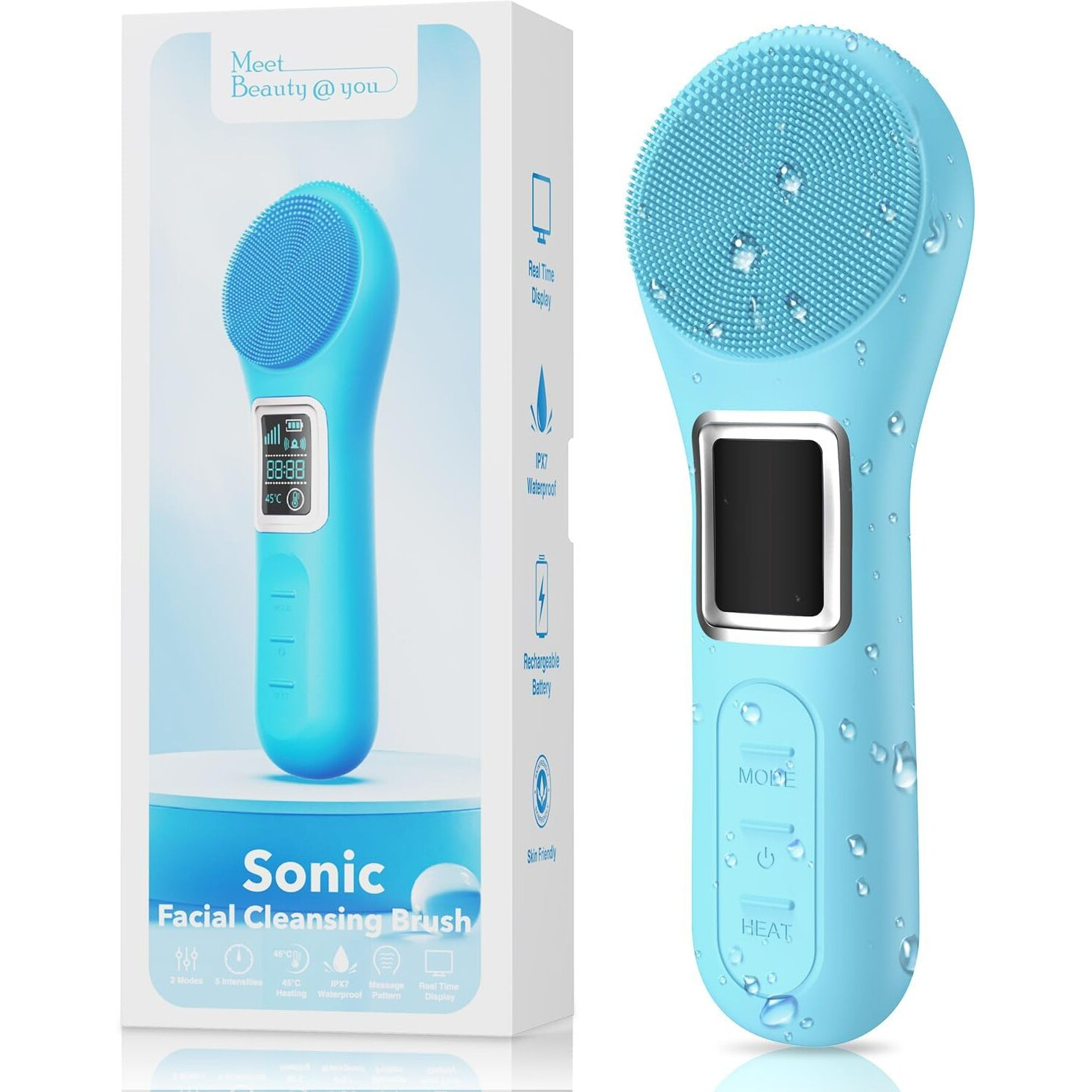 Wovazus Facial Cleansing Brush, Ipx7 Waterproof Rechargeable Silicone Face Scrubber, 5 Cleansing Modes, Exfoliating & Massaging Face Scrubber Exfoliator - Sky Blue