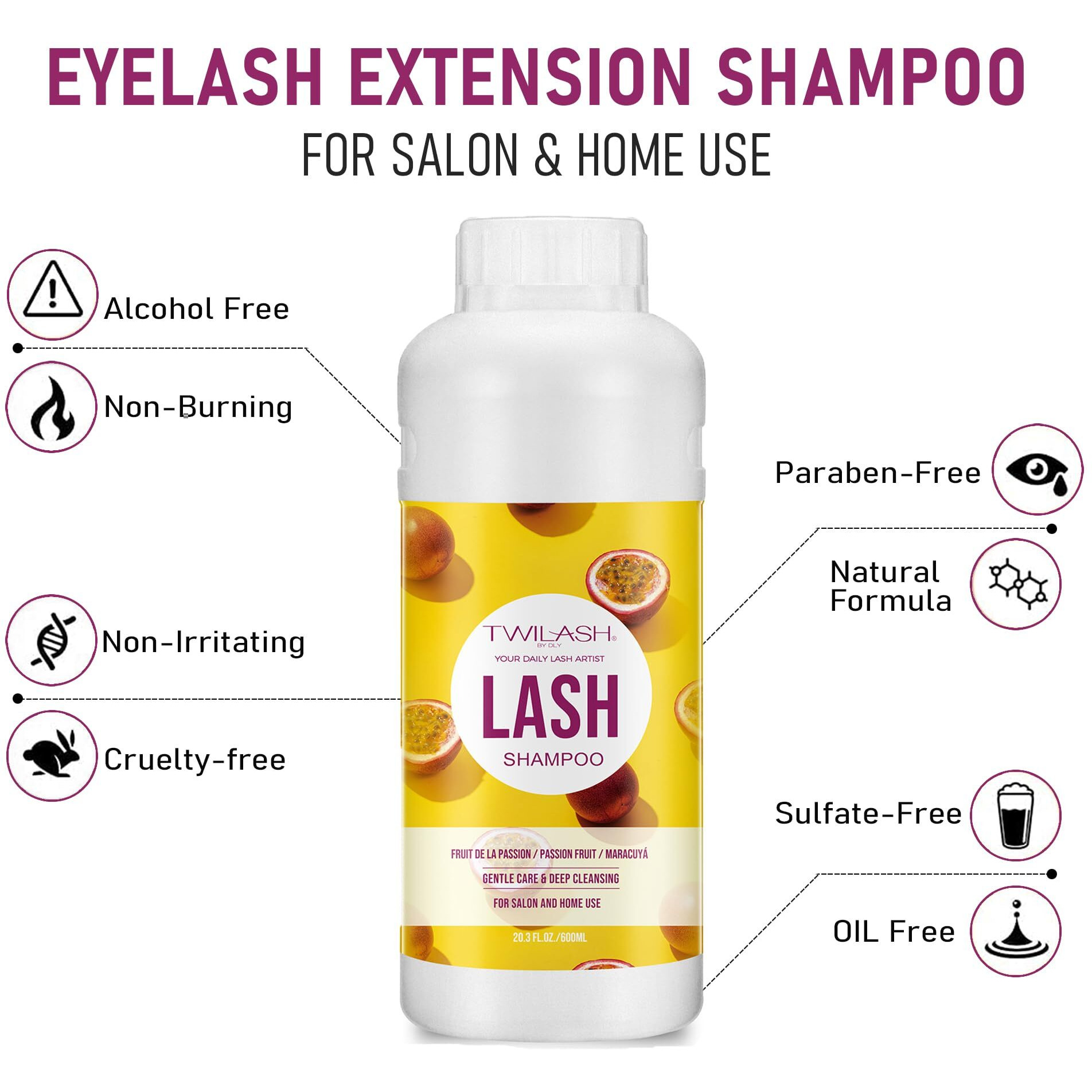600Ml Lash Shampoo Bulk, Eyelash Cleanser For Extensions, Safe Makeup Remover, Non-Irritating Or Burning Formula Eyelid Foaming Cleanser Best For Professional Salon And Home Use (Passion Fruit)