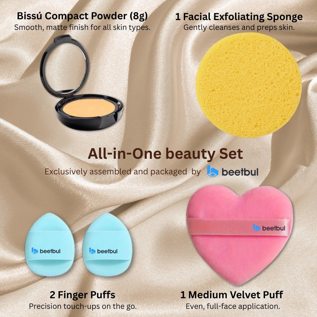 Beetbul Makeup & Exfoliation Kit - Biss   Compact Powder + 1 Medium Velvet Puff + 2 Finger Puffs + 1 Facial Exfoliating Sponge (13 Bronze, One Size)