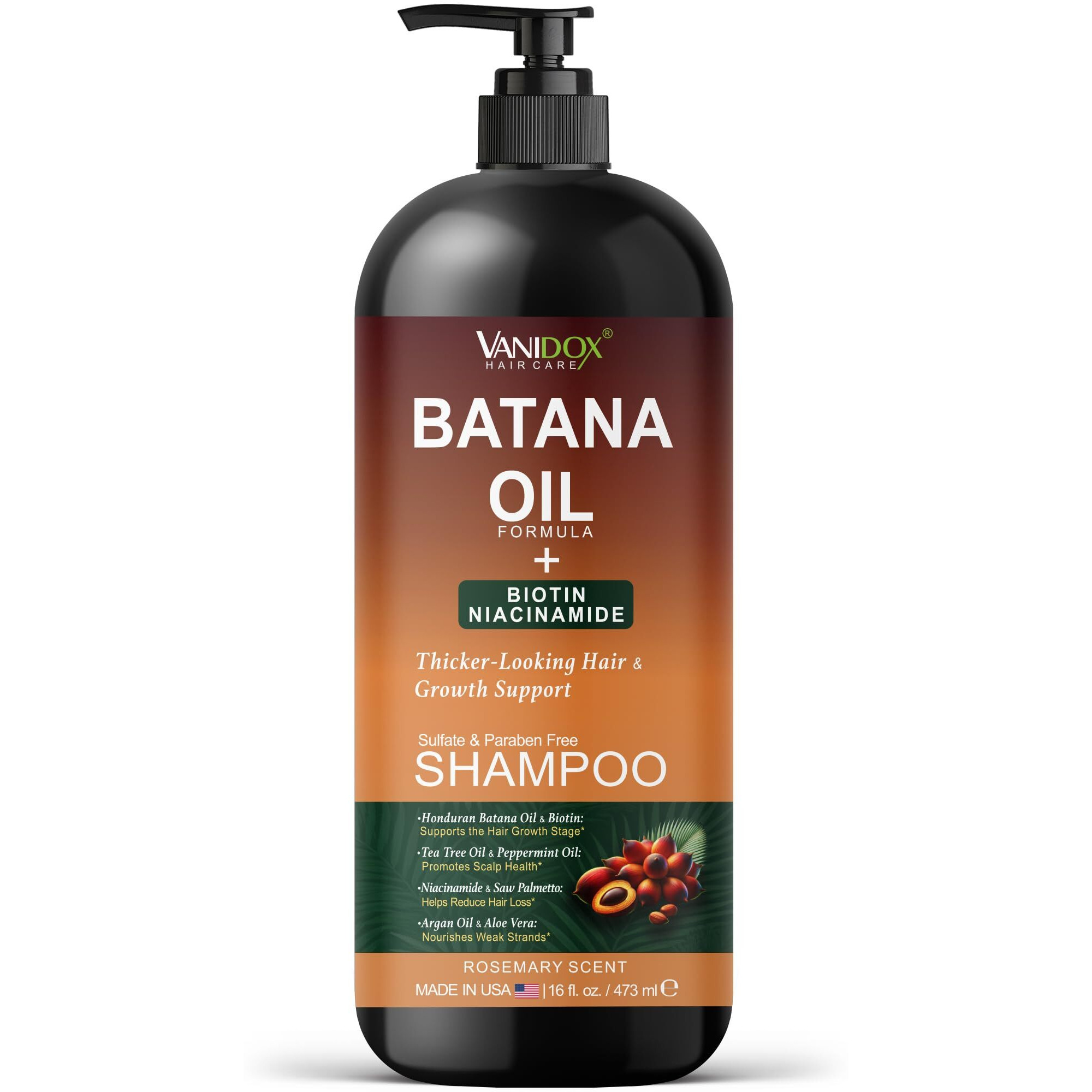 Vanidox Batana Oil Shampoo - Biotin & Niacinamide Enriched - Sulfate-Free, Paraben-Free - Moisturizing & Strengthening Hair Cleanser For All Hair Types - 16 Fl Oz