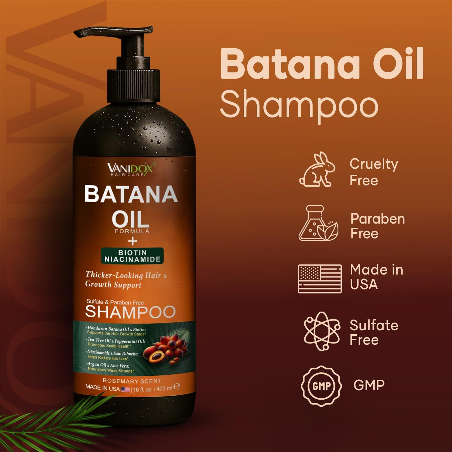 Vanidox Batana Oil Shampoo - Biotin & Niacinamide Enriched - Sulfate-Free, Paraben-Free - Moisturizing & Strengthening Hair Cleanser For All Hair Types - 16 Fl Oz