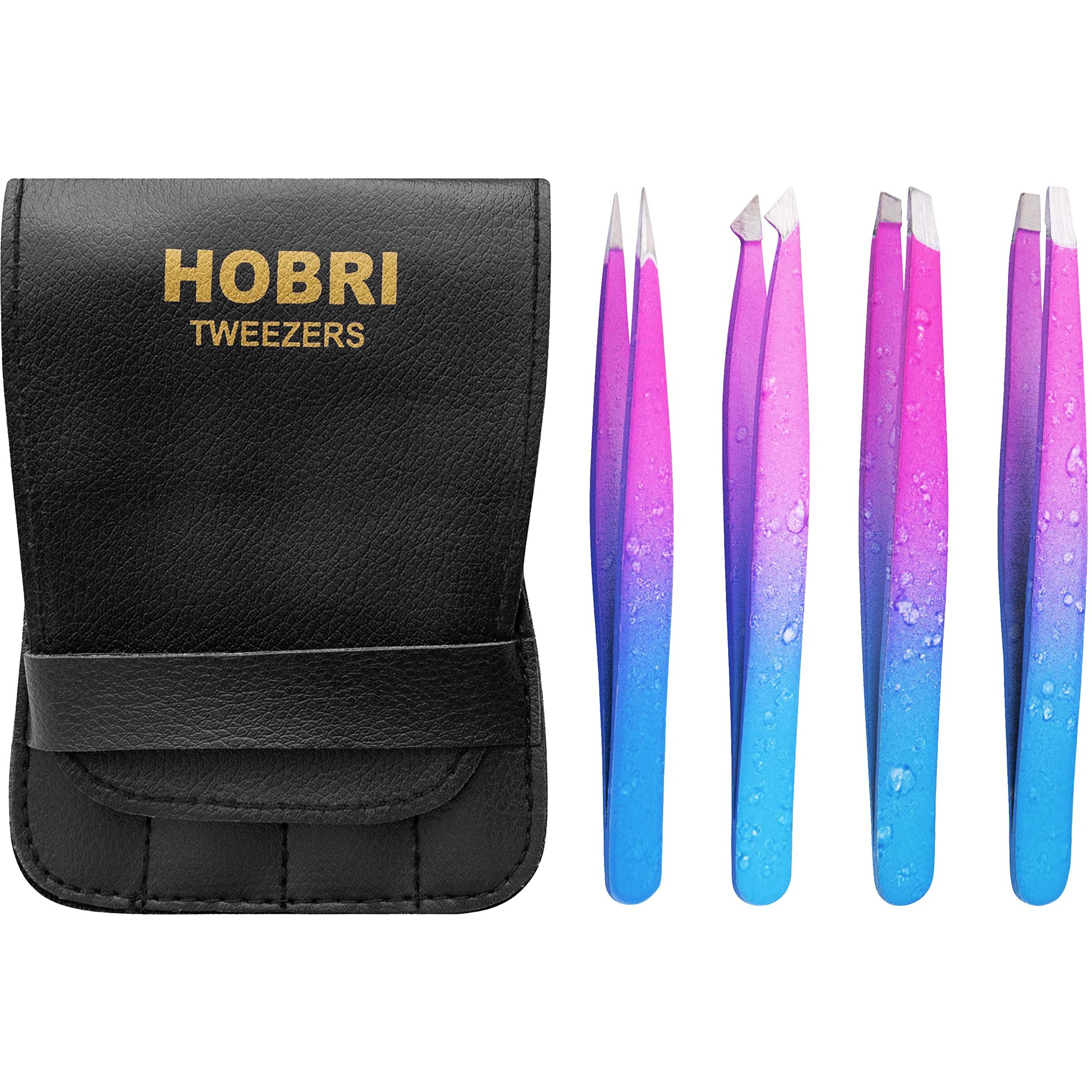 Tweezers Set, Eyebrows Tweezers Set Professional Stainless Steel Tweezers Set - 4 Pieces With Leatherette Travel Case Perfect For Facial Hair, Beauty And Personal Care Tool (Pink/Blue)