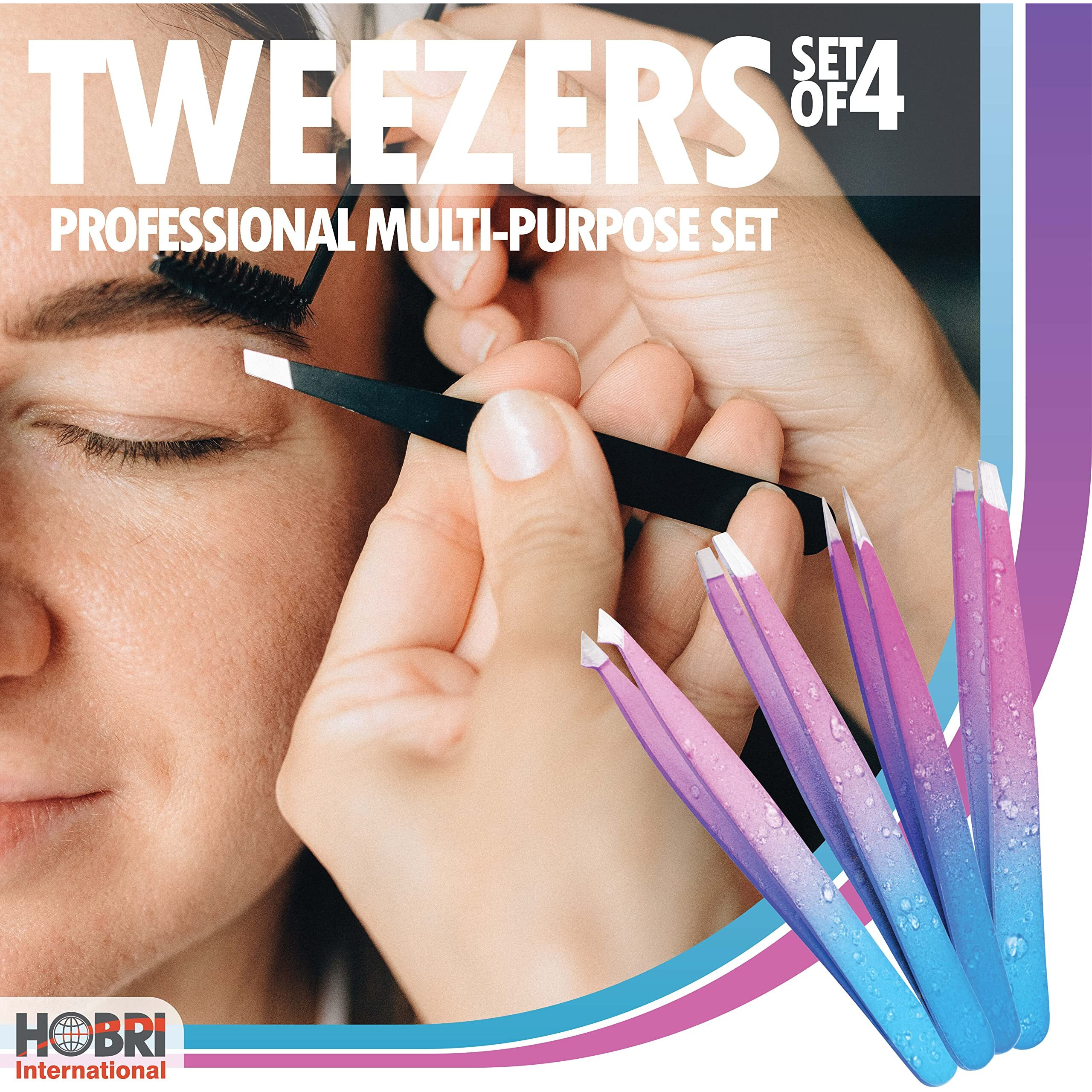 Tweezers Set, Eyebrows Tweezers Set Professional Stainless Steel Tweezers Set - 4 Pieces With Leatherette Travel Case Perfect For Facial Hair, Beauty And Personal Care Tool (Pink/Blue)
