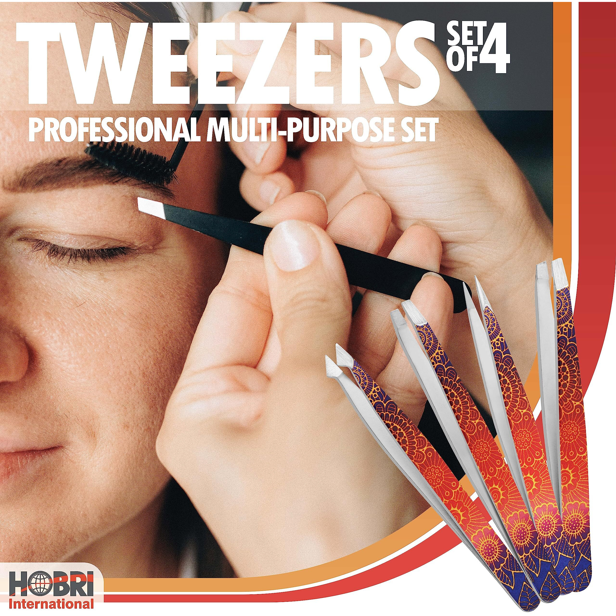 Tweezers Set, Eyebrows Tweezers Set Professional Stainless Steel Tweezers Set - 4 Pieces With Leatherette Travel Case Perfect For Facial Hair, Beauty And Personal Care Tool (Red/Blue)