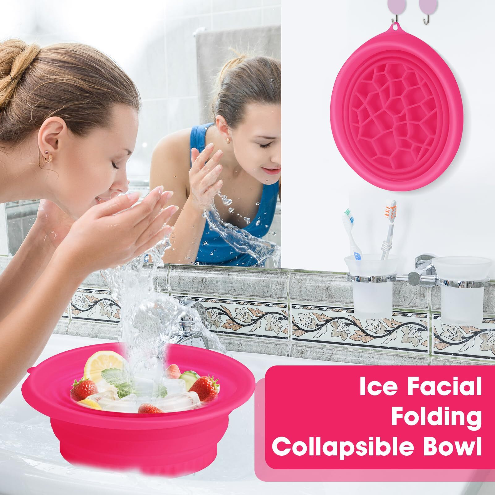 Face Bowl For Ice With Built-In Ice Tray Collapsible Silicone Facial Face Ice Bath Bowl Small Reusable Cold Plunge Basin Is Portable,Perfect For Home Use,Camping,Travel Cold Bath Spa Tool & Rose