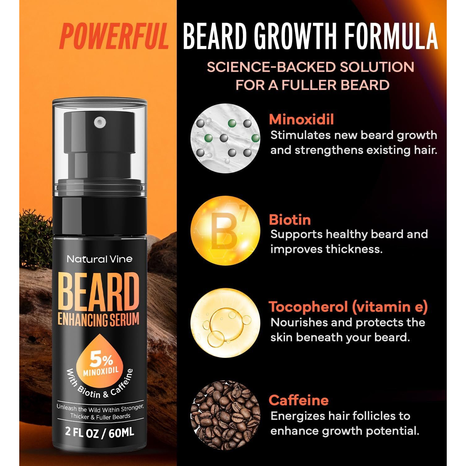 5% Minoxidil Beard Growth Oil For Men Minoxidil For Men Beard Hair Regrowth Serum With Biotin And Caffeine - Unleash Your Wildness With Stronger Thicker Fuller Beard 2 Fl Oz/60Ml