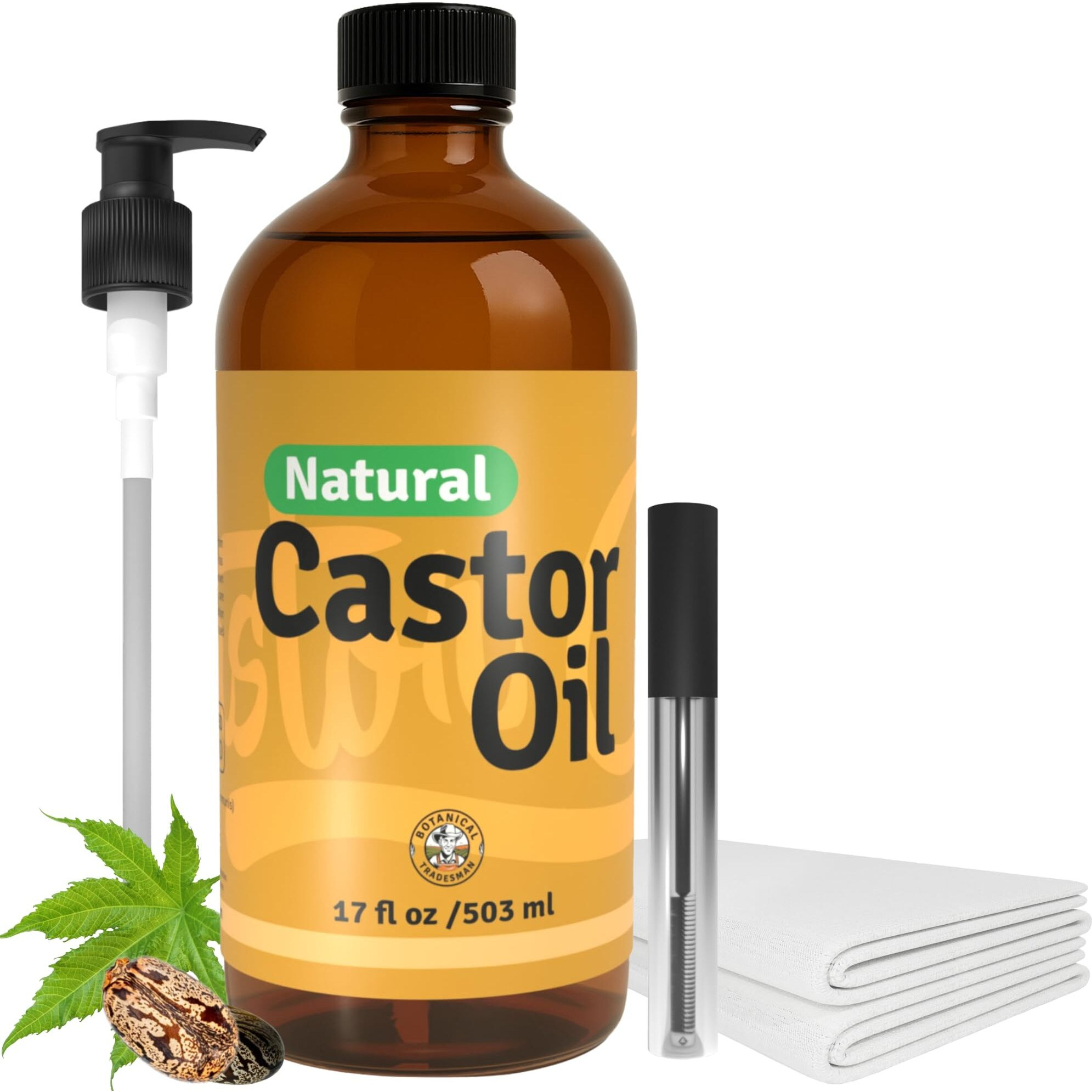 Botanical Tradesman Castor Oil (17 Oz) Glass Bottle-100% Pure, Cold-Pressed, Hexane-Free, With 2 Resuable Organic Cotton Flannel Pack Wraps And Mascara Container For Skin, Hair, Eyelash's & Eyebrow's