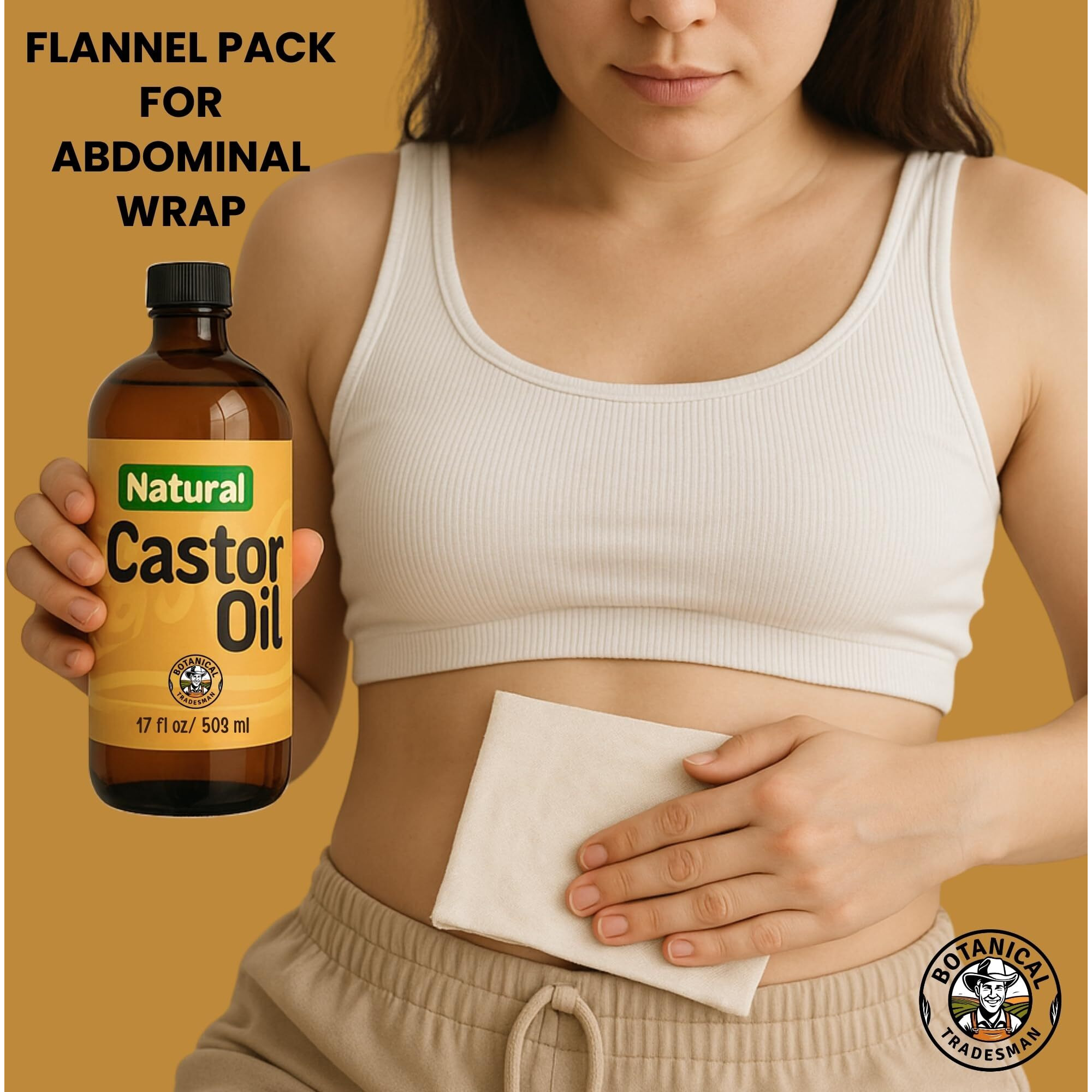 Botanical Tradesman Castor Oil (17 Oz) Glass Bottle-100% Pure, Cold-Pressed, Hexane-Free, With 2 Resuable Organic Cotton Flannel Pack Wraps And Mascara Container For Skin, Hair, Eyelash's & Eyebrow's