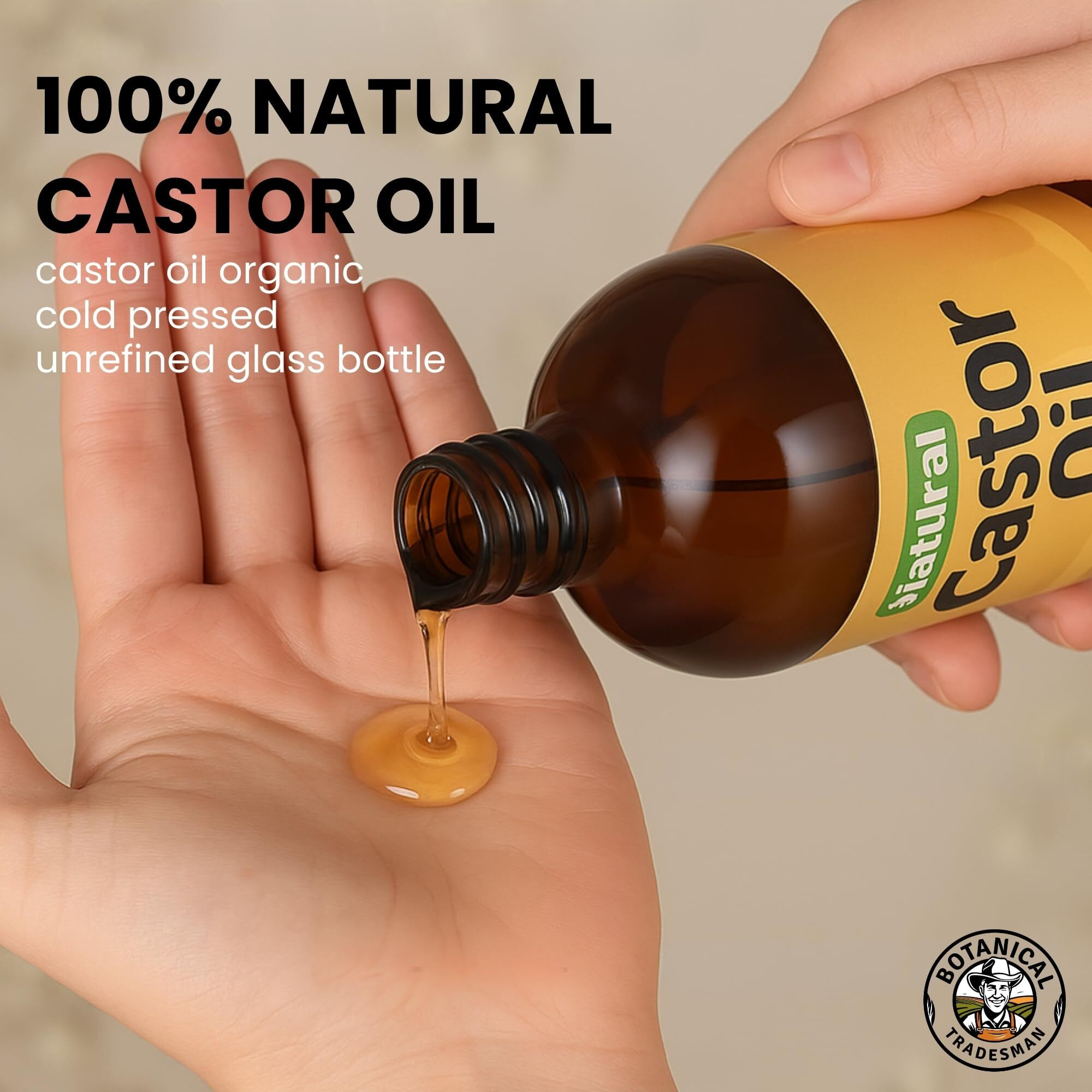 Botanical Tradesman Castor Oil (17 Oz) Glass Bottle-100% Pure, Cold-Pressed, Hexane-Free, With 2 Resuable Organic Cotton Flannel Pack Wraps And Mascara Container For Skin, Hair, Eyelash's & Eyebrow's