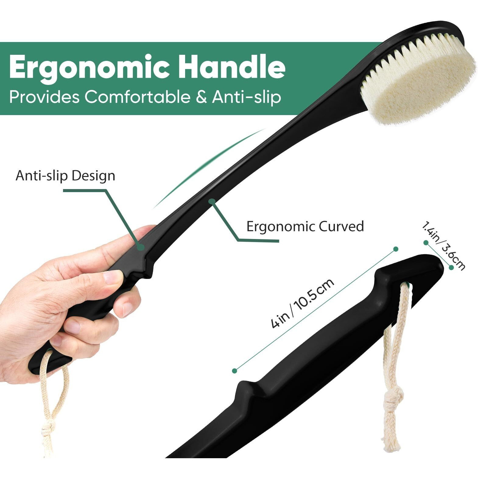 Back Scrubber For Shower, 17-Inch Shower Brush For Men And Women, Long Handle Exfoliating Body Brush, Medium Bristle Stiffness For Dry Or Wet Brushing (Black)