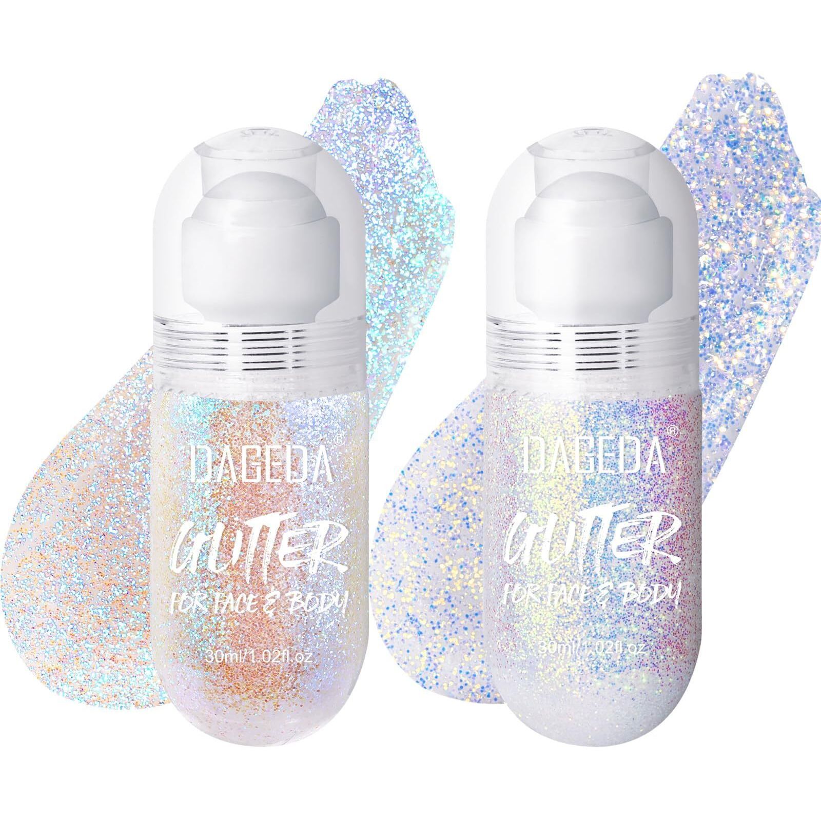 Dageda 2Colors Roll-On Body Glitter Gel For Body, Hair, Face, Holographic Glitter Makeup For Rave Accessories, Body Shimmer For Halloween Makeup(Fantasy + Ocean Glow)