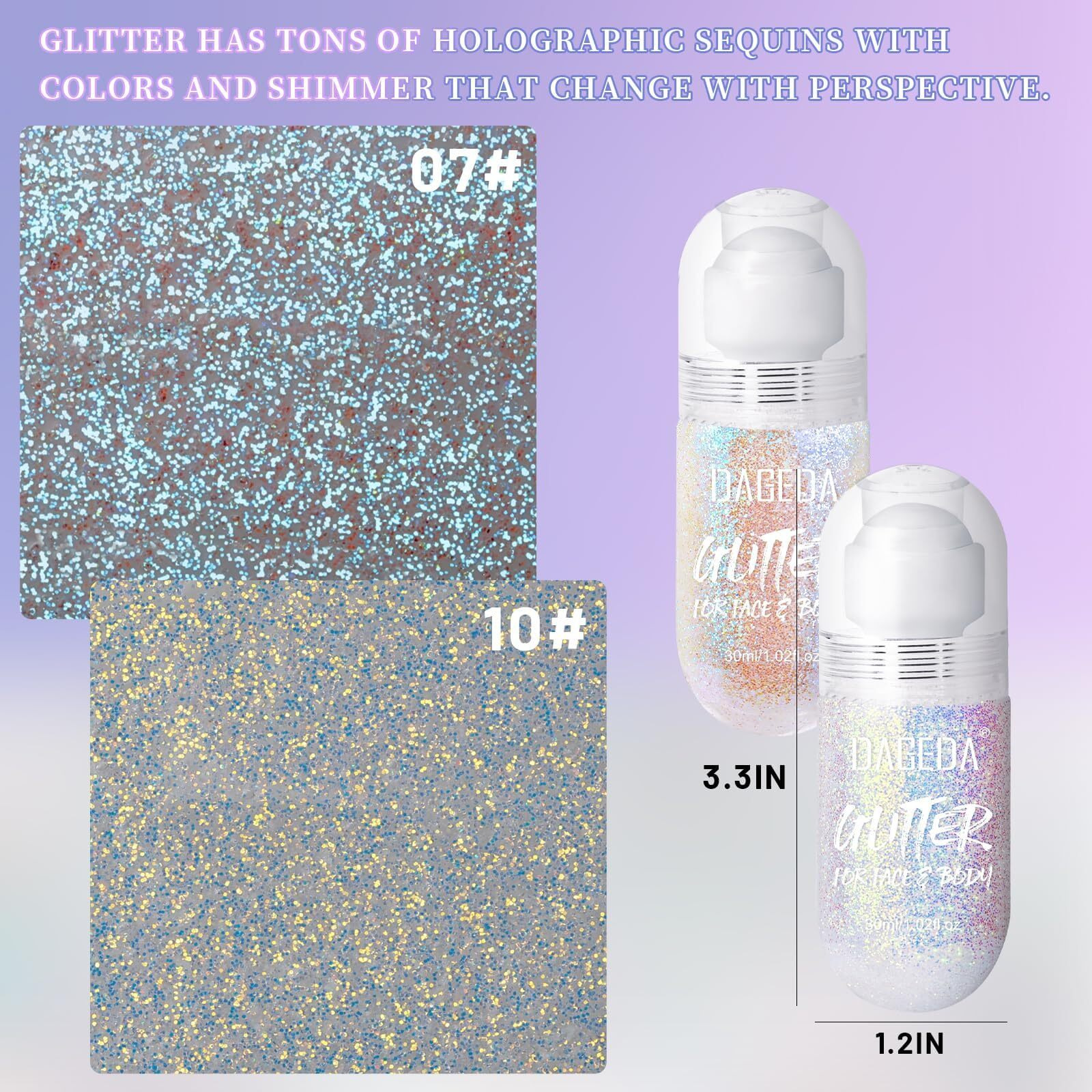 Dageda 2Colors Roll-On Body Glitter Gel For Body, Hair, Face, Holographic Glitter Makeup For Rave Accessories, Body Shimmer For Halloween Makeup(Fantasy + Ocean Glow)