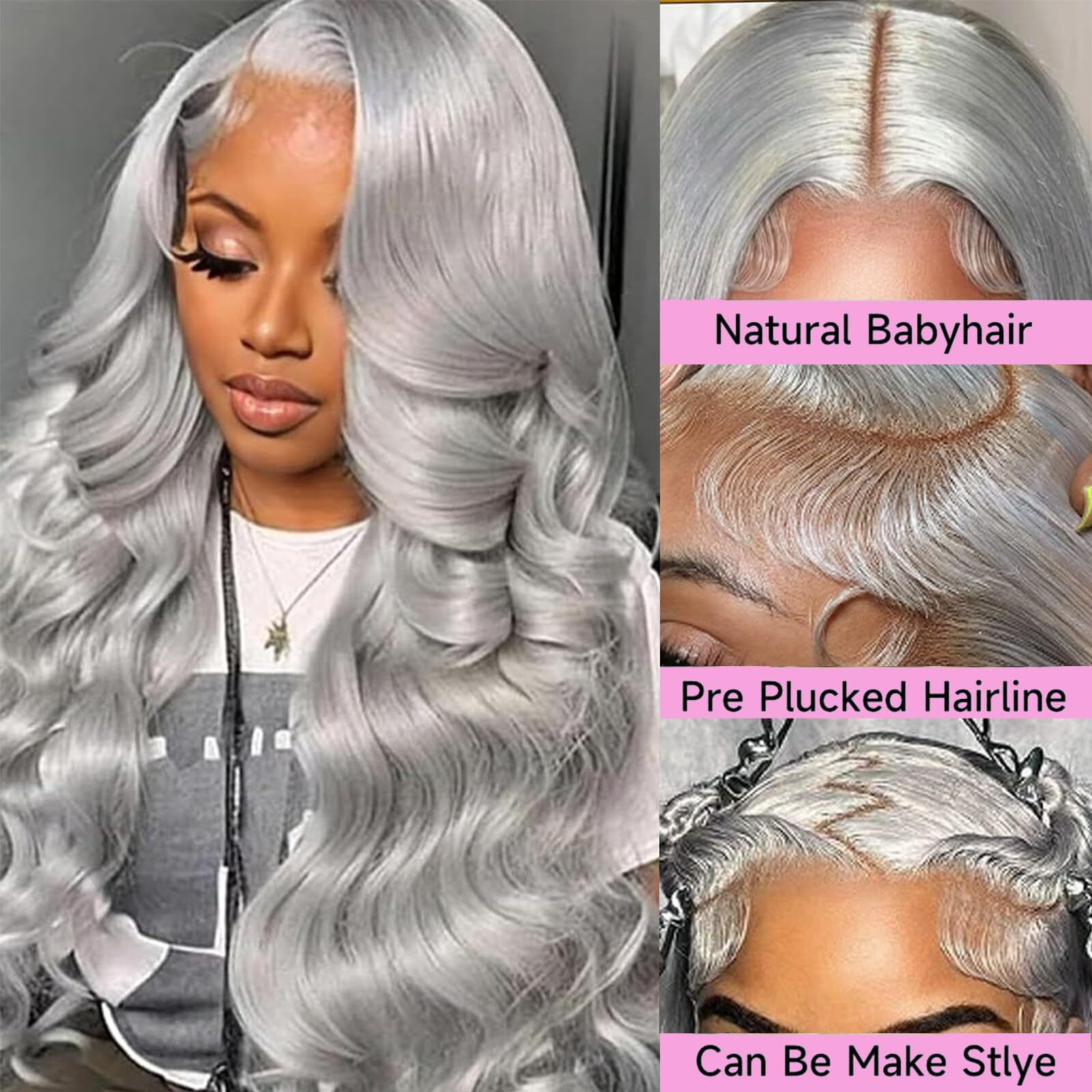 36 Inch Grey Lace Front Wigs Human Hair Silver Grey 13X6 Hd Lace Frontal Body Wave Wig Human Hair Pre Plucked With Baby Hair 180% Density Colored Wear And Go Glueless Wigs Human Hair For Women