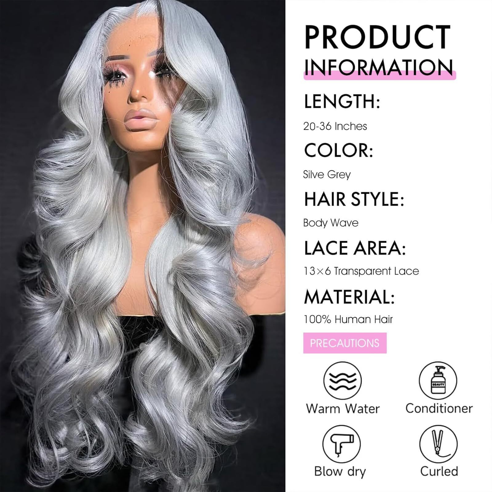 36 Inch Grey Lace Front Wigs Human Hair Silver Grey 13X6 Hd Lace Frontal Body Wave Wig Human Hair Pre Plucked With Baby Hair 180% Density Colored Wear And Go Glueless Wigs Human Hair For Women