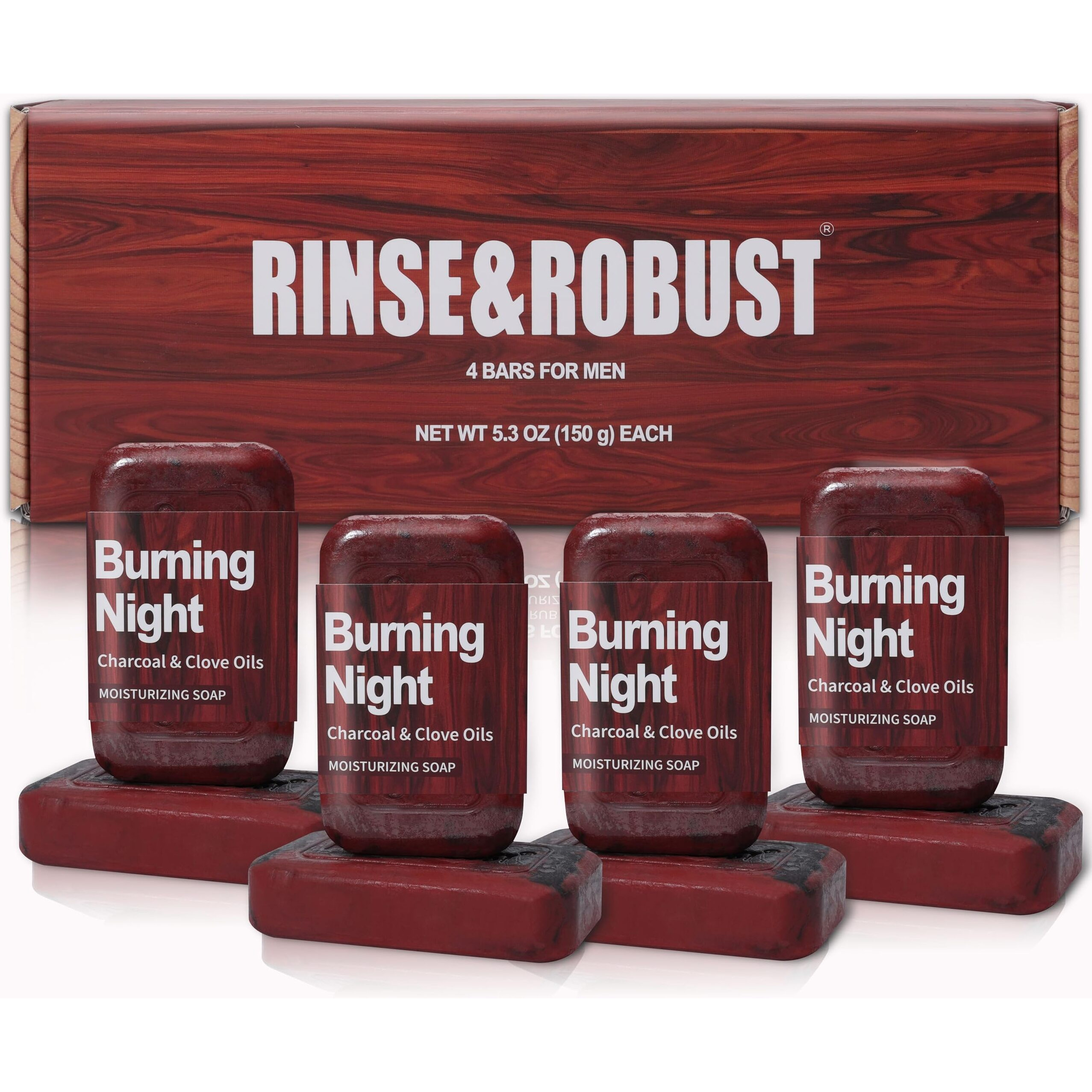 Rinse & Robust Men's Luxury Bar Soap 4-Pack - Charcoal & Clove Oil Scent | 4-In-1 Exfoliating & Hydrating For Body, Face, Hands | Fathers Day Gifts(5.3 Oz Each)