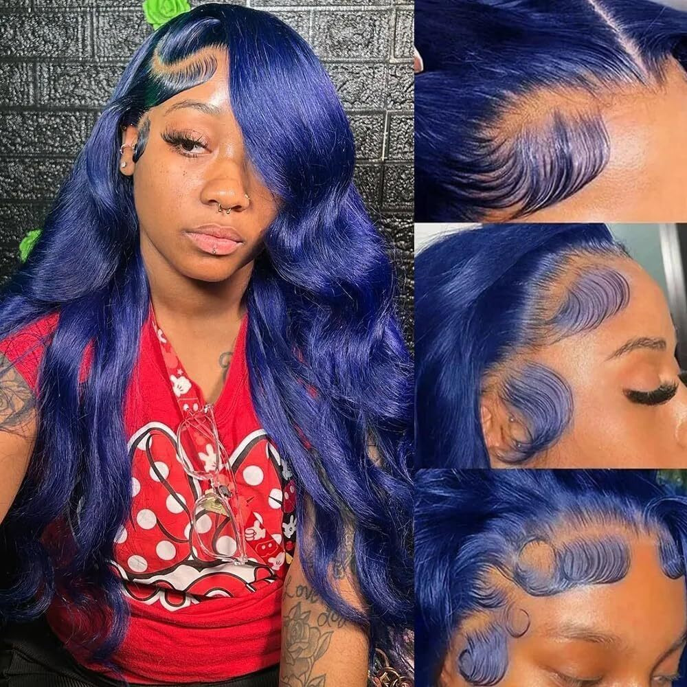 28 Inch Blue Lace Front Wigs Human Hair Body Wave Dark Blue 13X4 Hd Transparent Lace Front Wig Human Hair Wear And Go Glueless Navy Blue Wig Pre Plucked With Baby Hair Colored Wigs For Black Women
