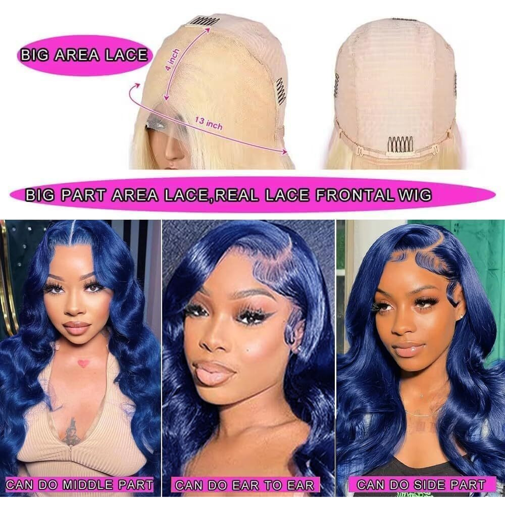 28 Inch Blue Lace Front Wigs Human Hair Body Wave Dark Blue 13X4 Hd Transparent Lace Front Wig Human Hair Wear And Go Glueless Navy Blue Wig Pre Plucked With Baby Hair Colored Wigs For Black Women