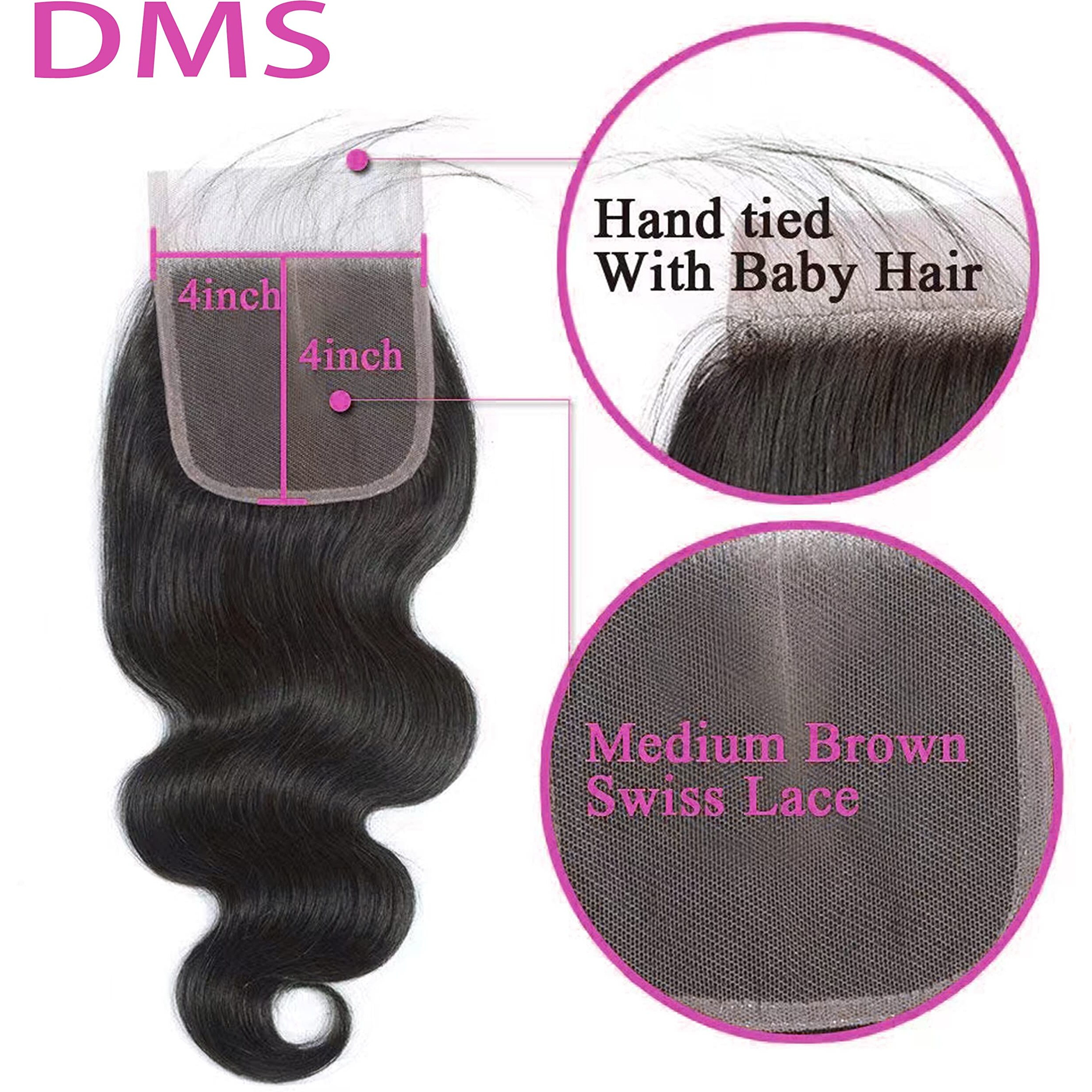 Dms Body Wave Human Hair Lace Closure 4X4 Free Part Swiss Lace Closure 12A Brazilian Virgin Hair Top (16 Inch)